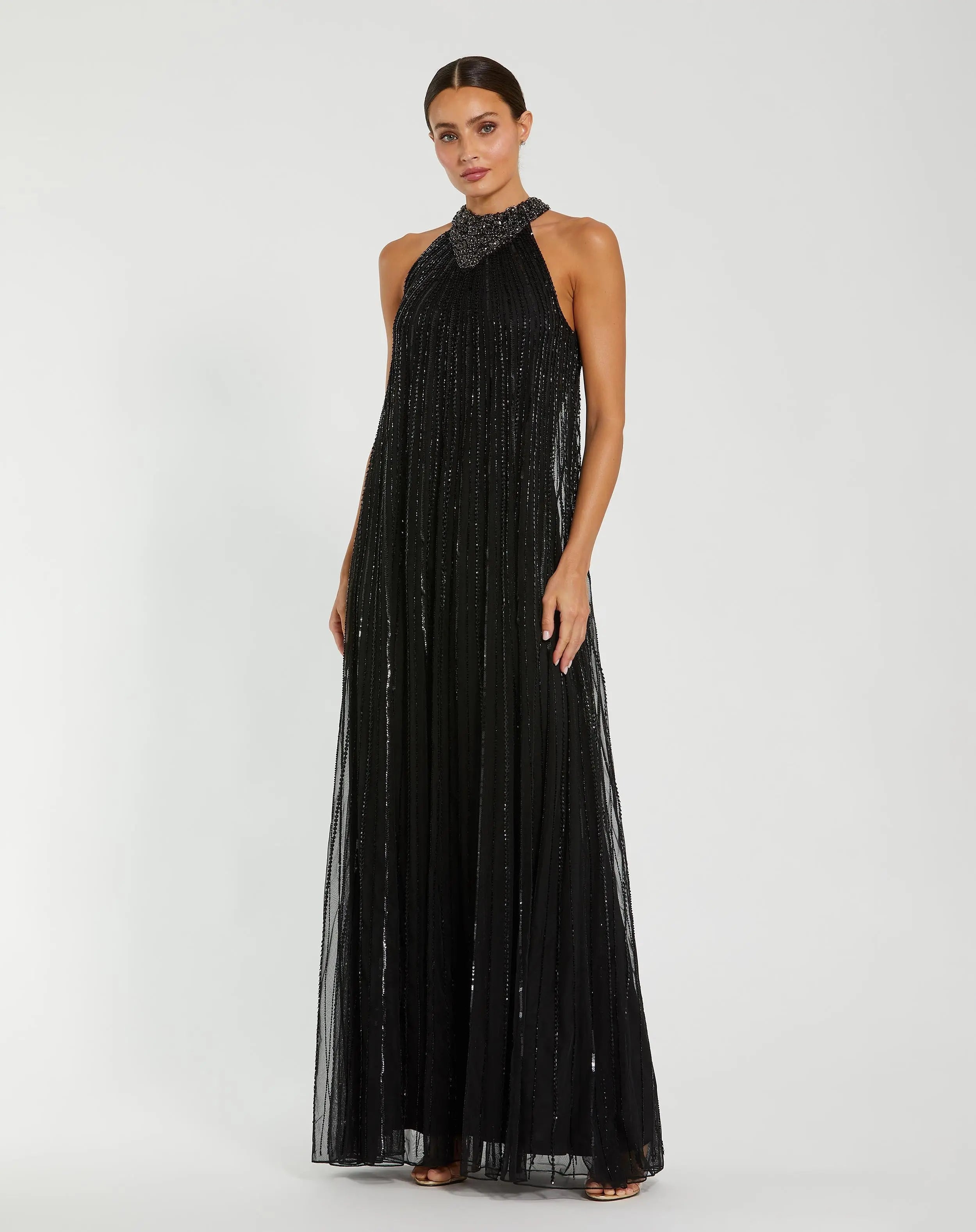Black Sleeveless Halter Neck Embellished Trapeze Gown-Myartka