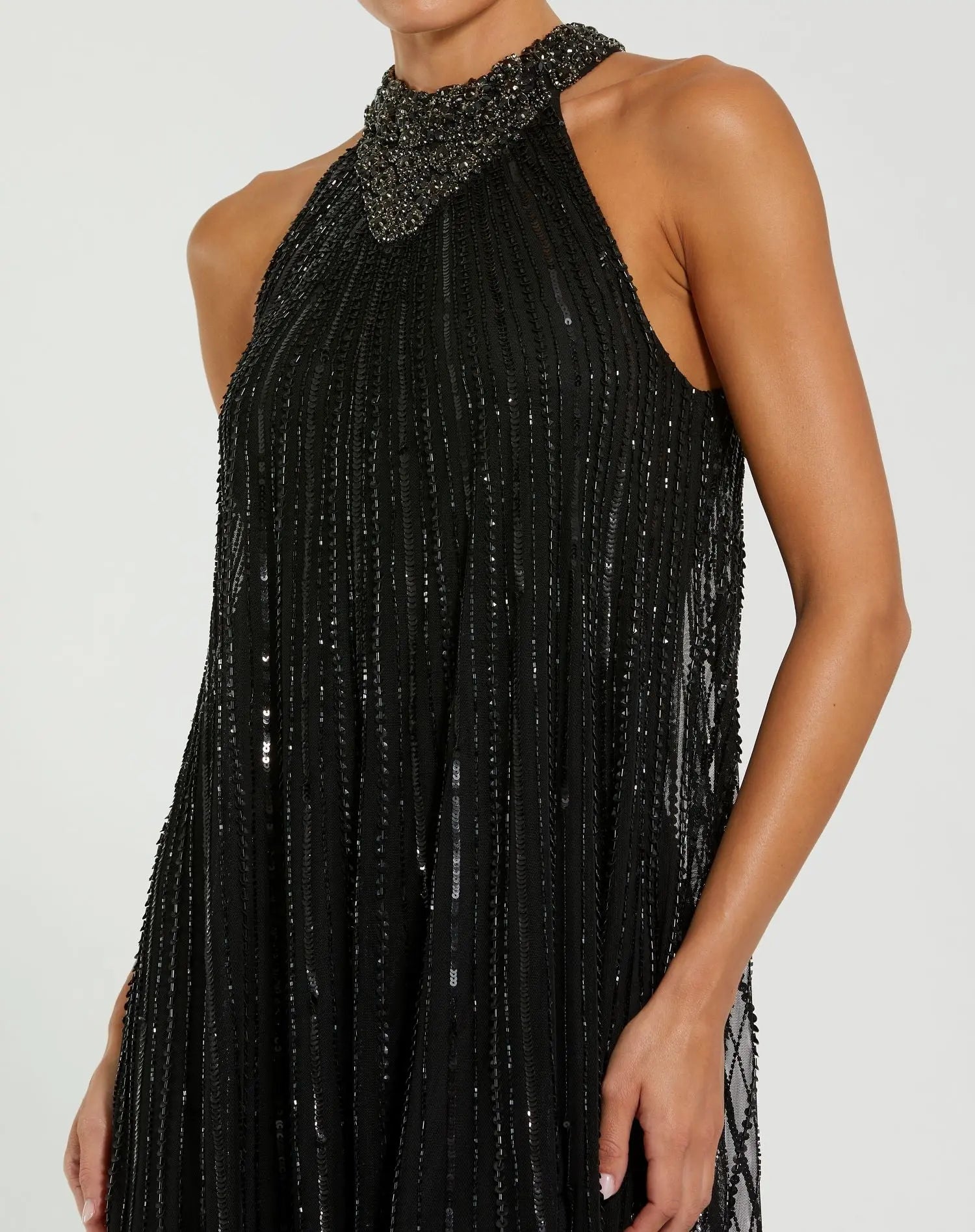 Black Sleeveless Halter Neck Embellished Trapeze Gown-Myartka