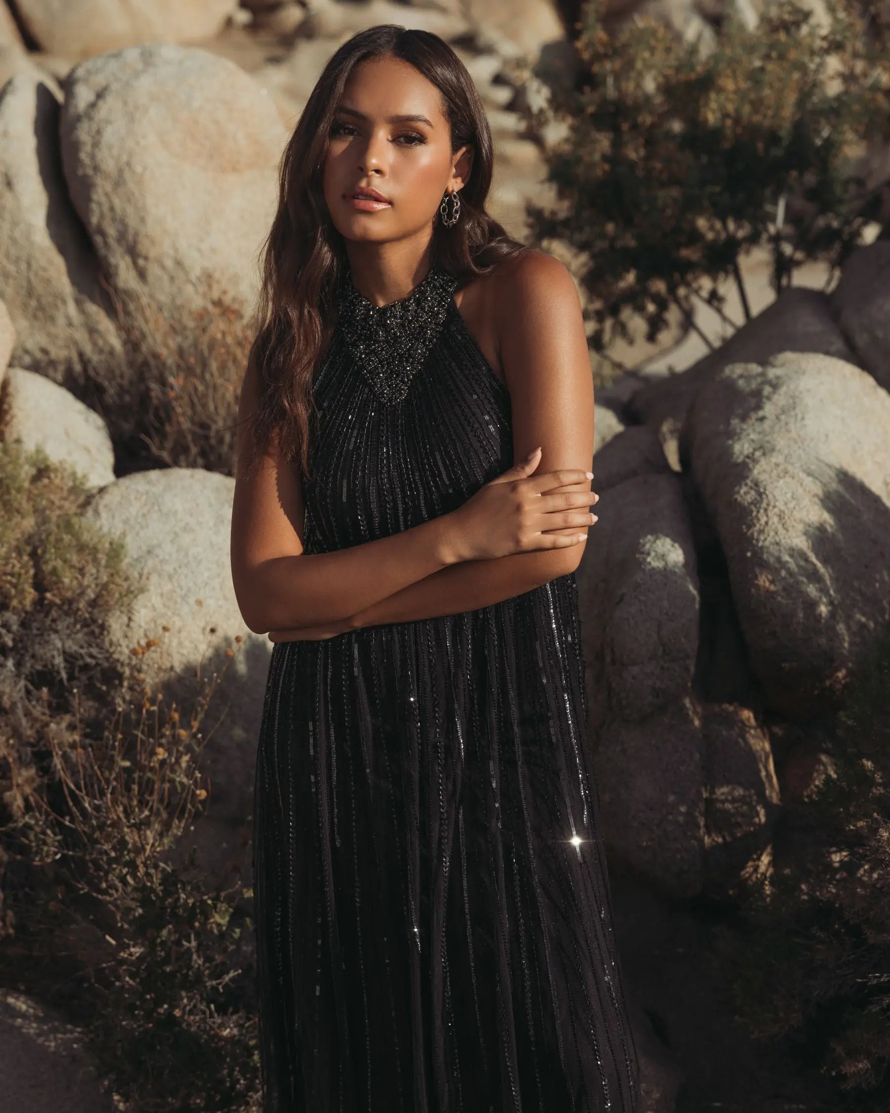 Black Sleeveless Halter Neck Embellished Trapeze Gown-Myartka