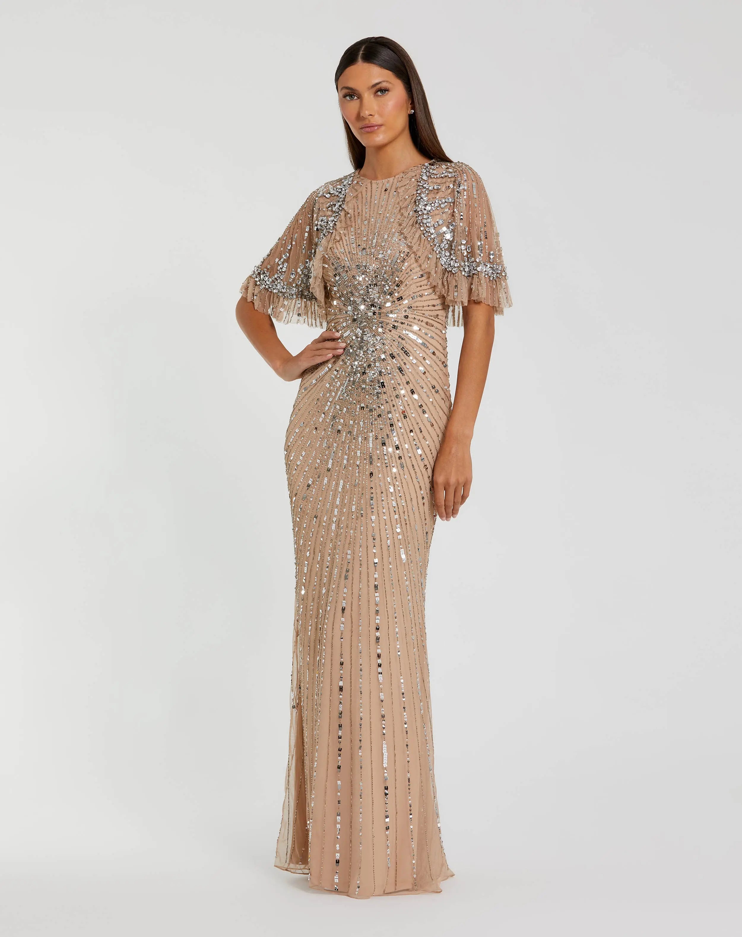 Beige Embellished Mesh Fitted Gown With Capelet-Myartka