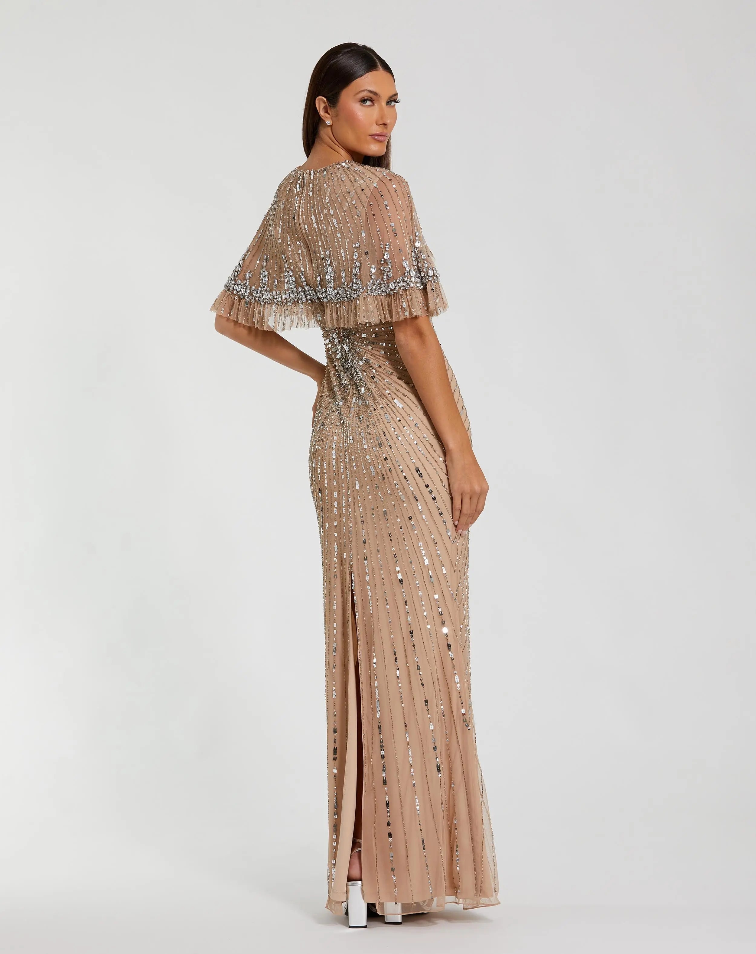 Beige Embellished Mesh Fitted Gown With Capelet-Myartka