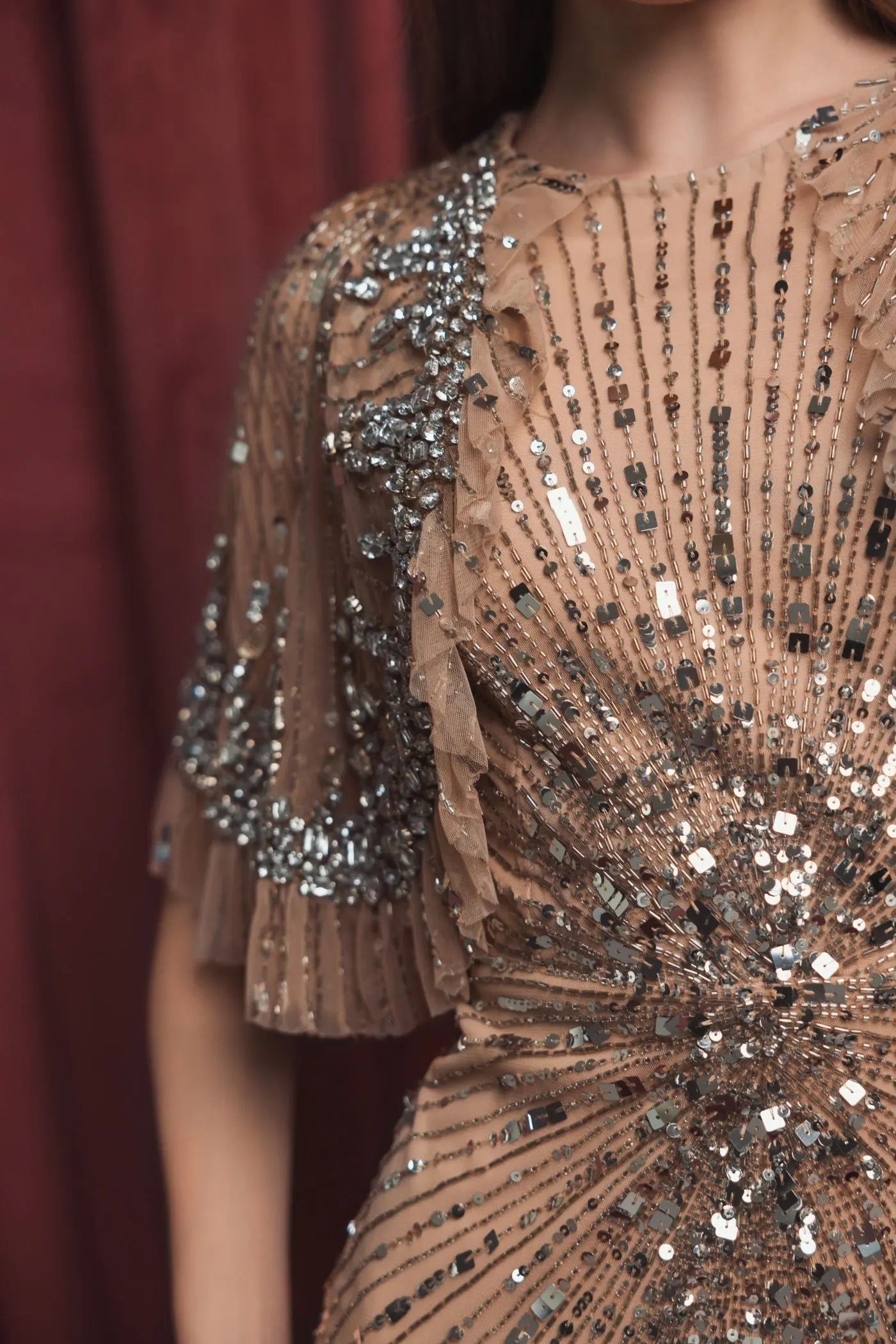 Beige Embellished Mesh Fitted Gown With Capelet-Myartka