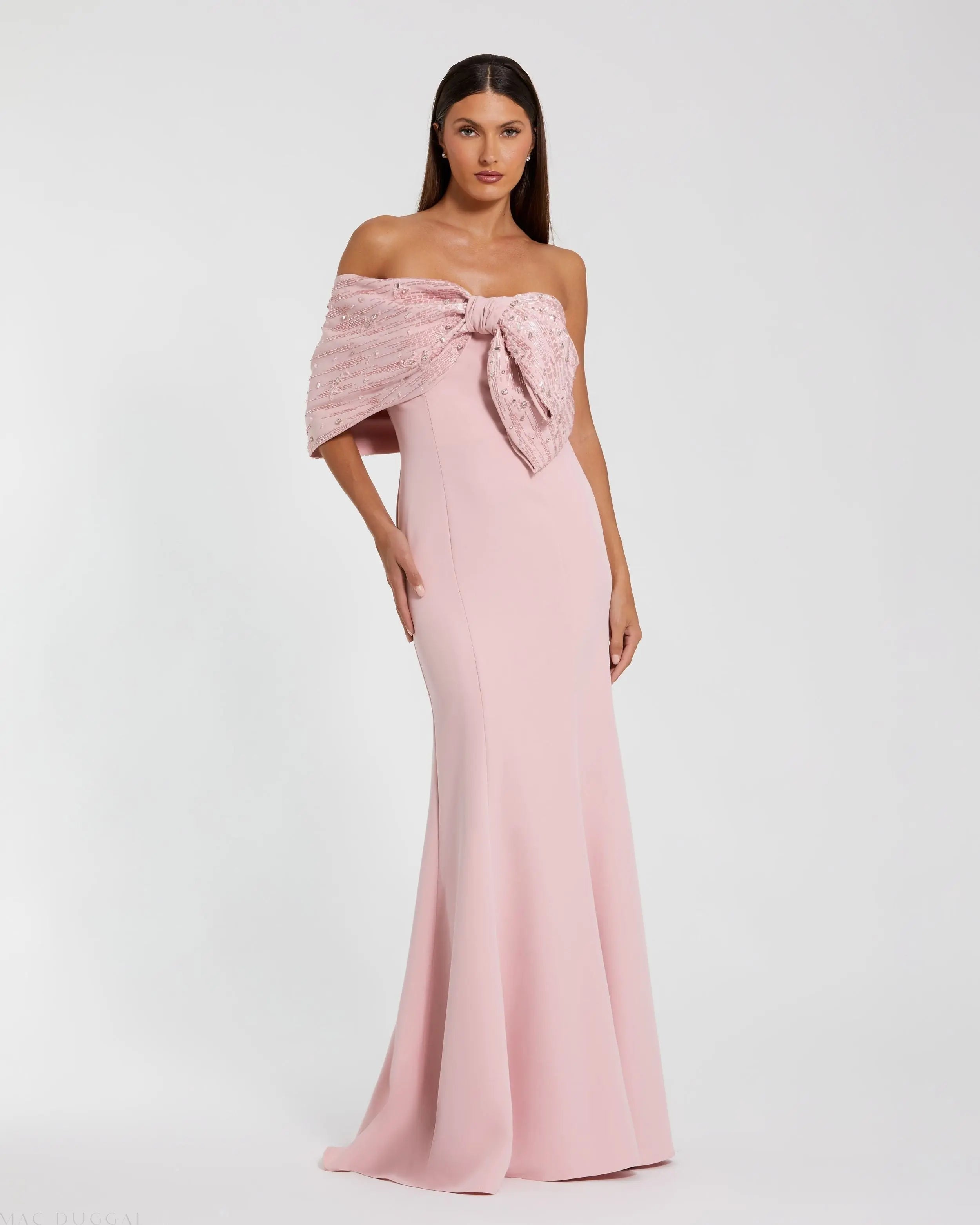 Pink Beaded Off-the-Shoulder Satin Trumpet Gown-Myartka
