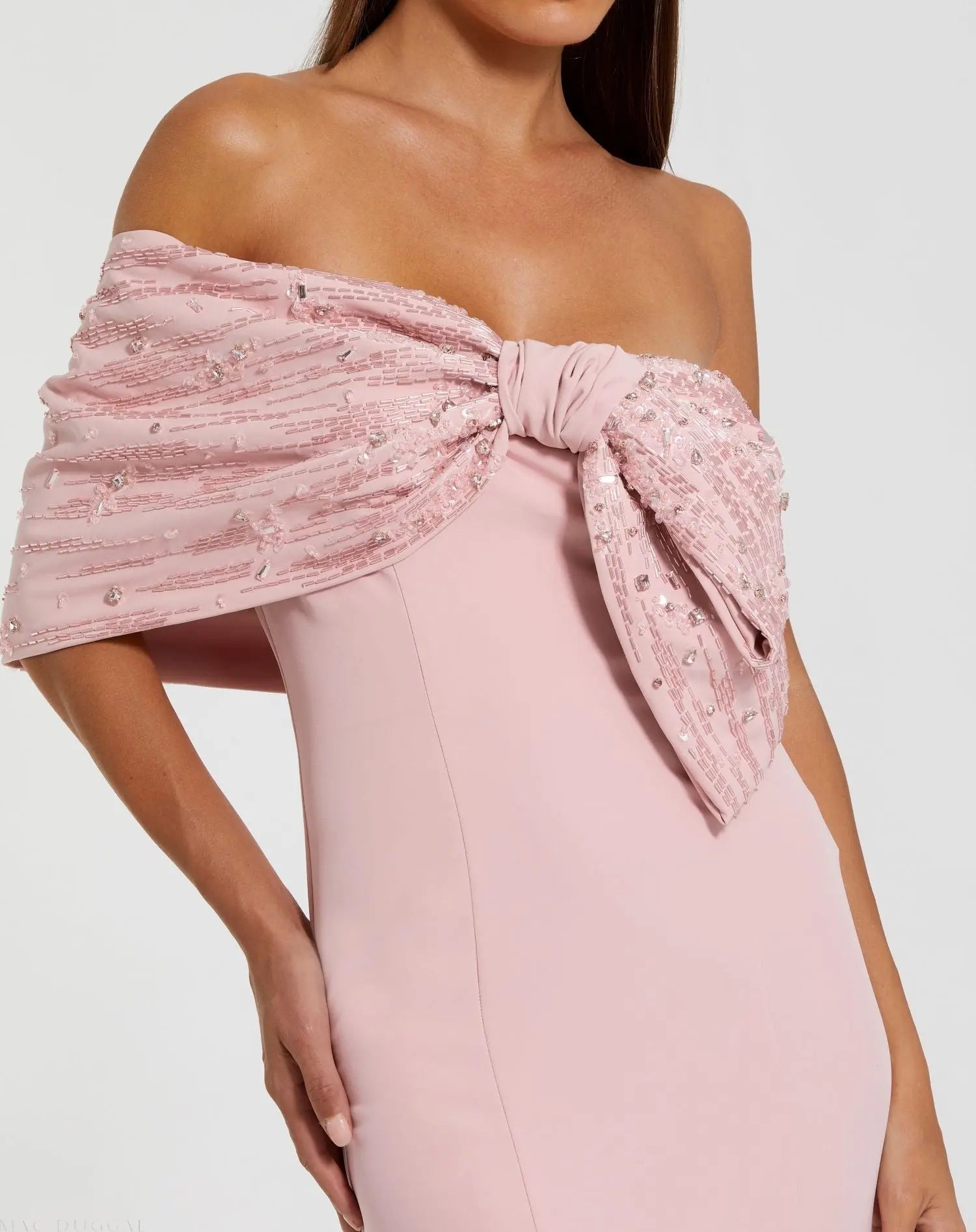 Pink Beaded Off-the-Shoulder Satin Trumpet Gown-Myartka