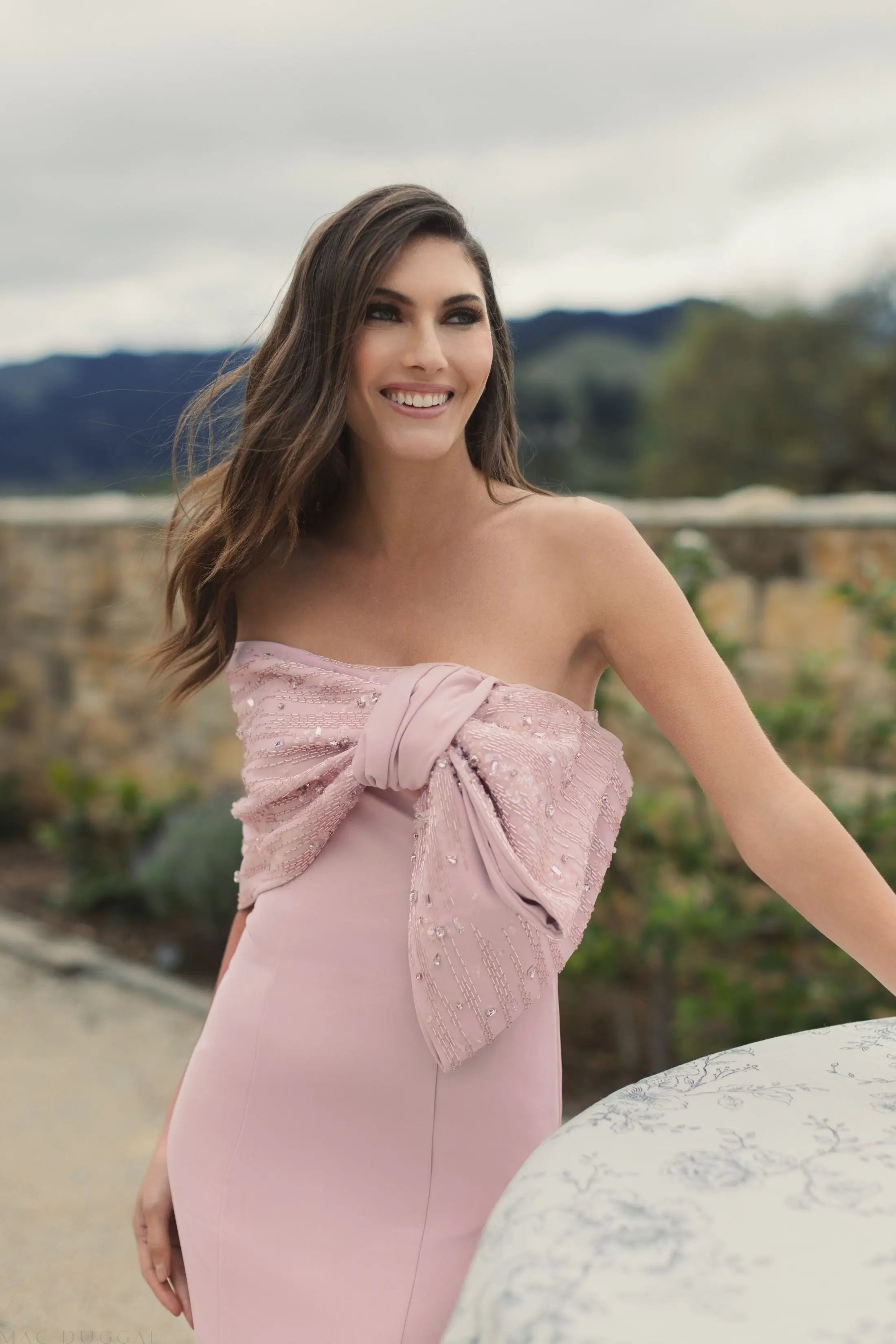 Pink Beaded Off-the-Shoulder Satin Trumpet Gown-Myartka