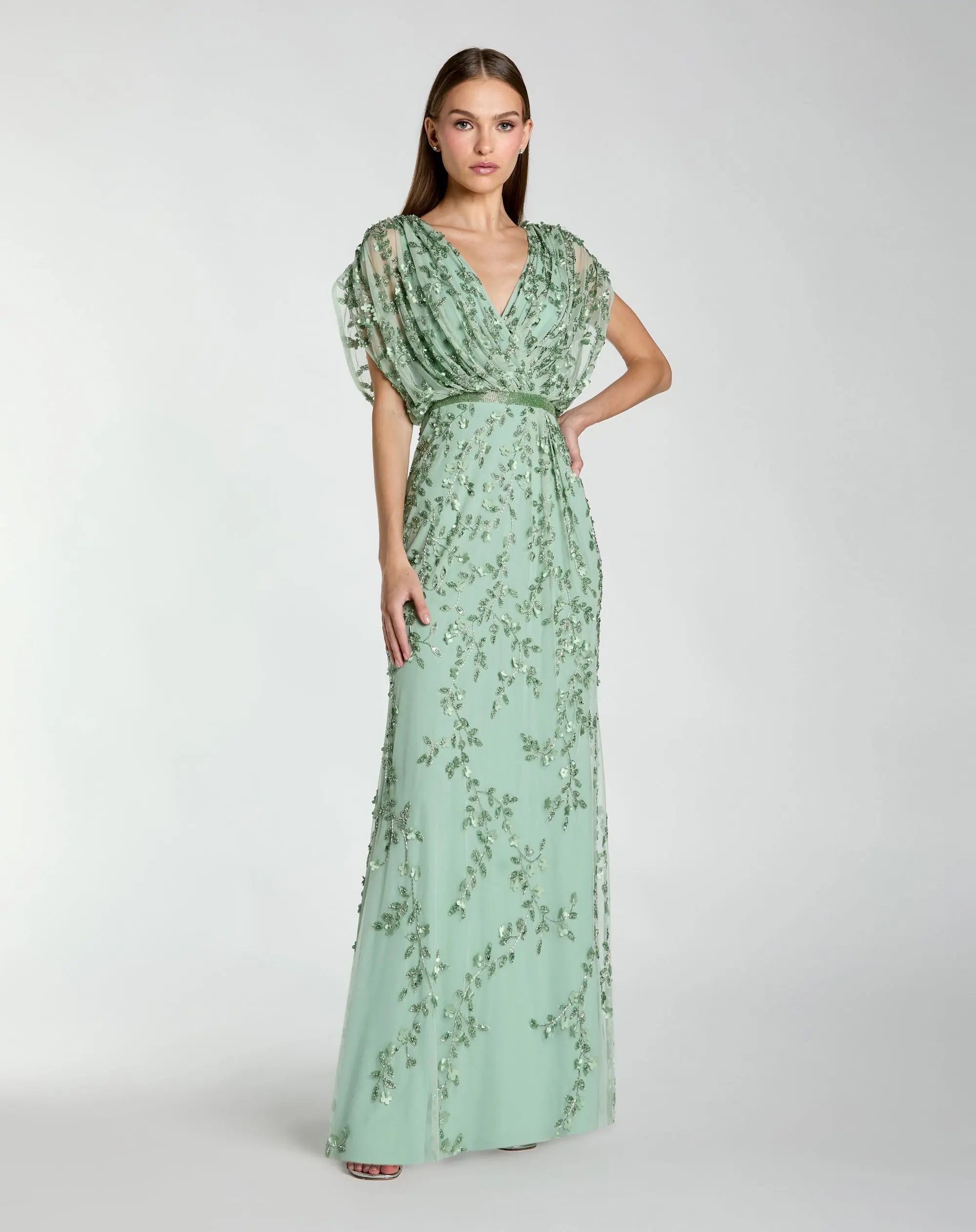 Green Beaded V-Neck Short Sleeve Blouson Gown-Myartka