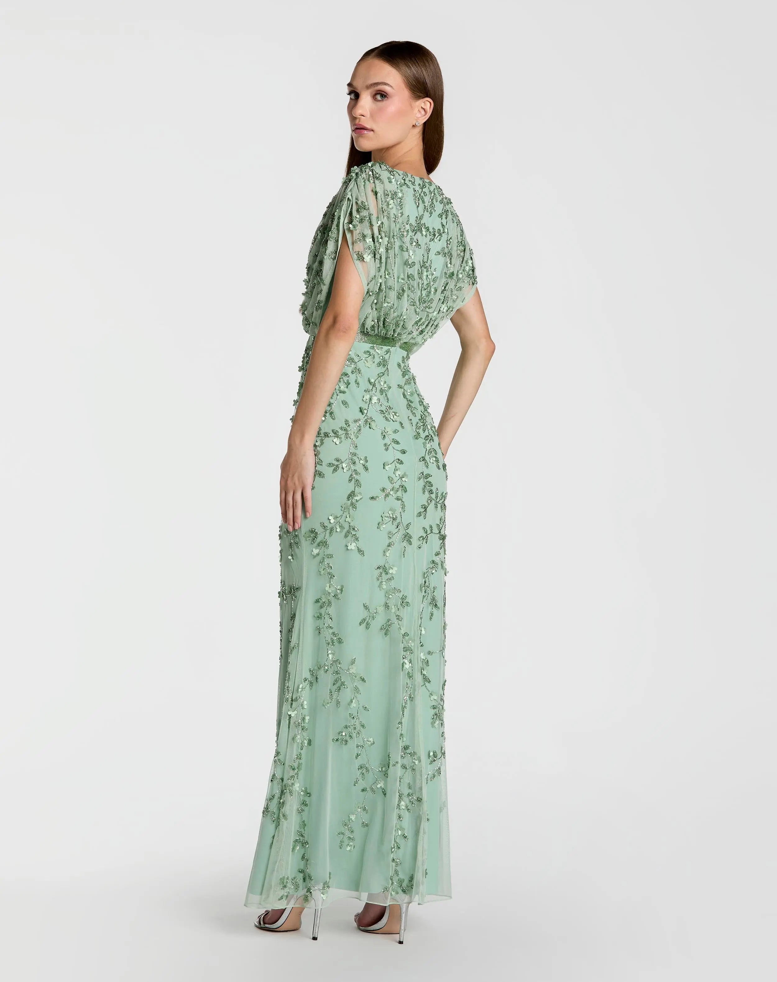 Green Beaded V-Neck Short Sleeve Blouson Gown-Myartka