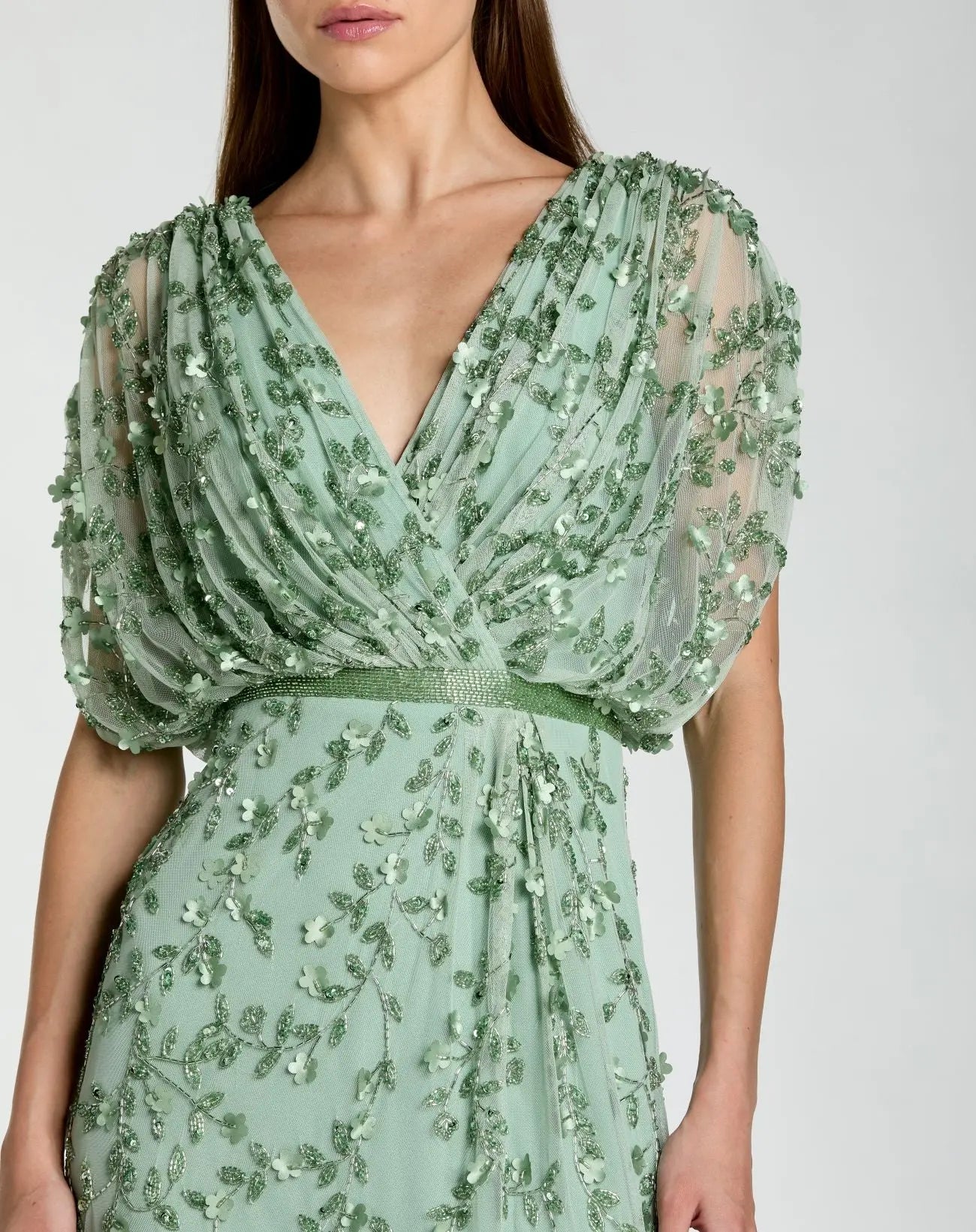 Green Beaded V-Neck Short Sleeve Blouson Gown-Myartka