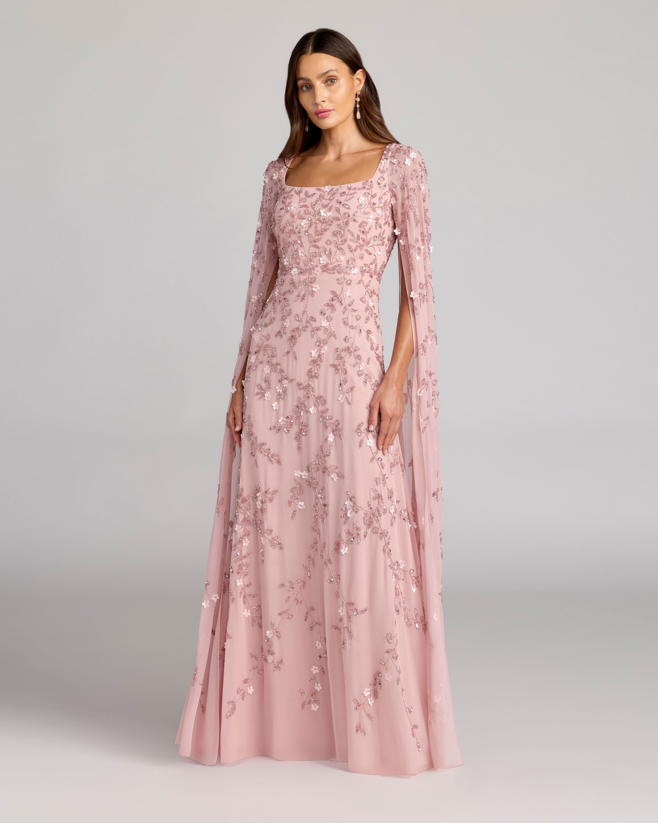 Pink Floral Embellished Cape Sleeve Gown-Myartka