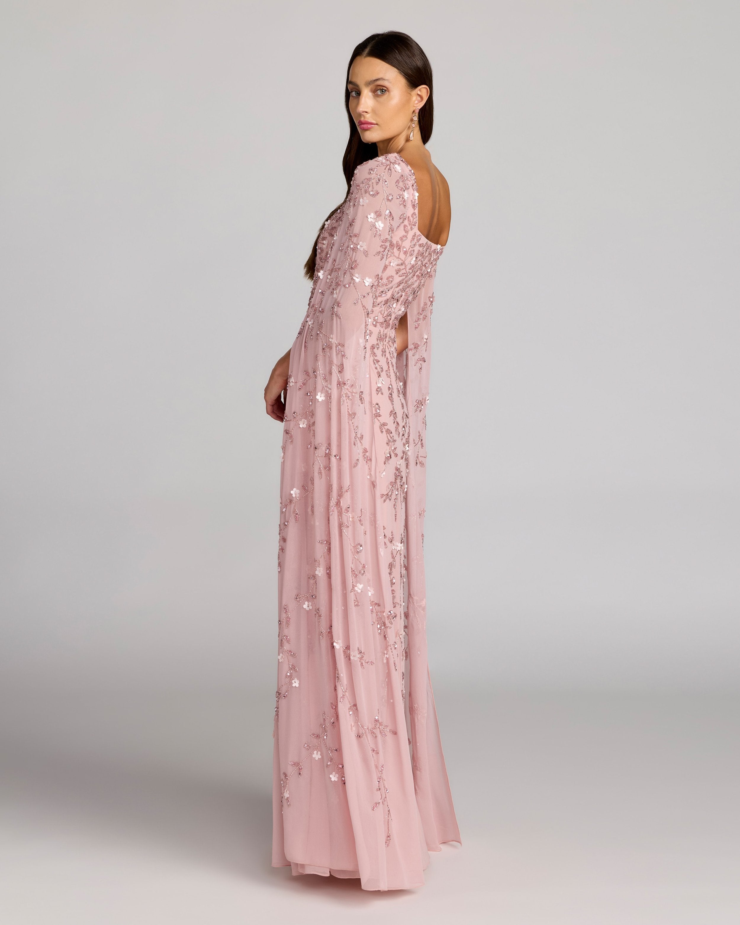 Pink Floral Embellished Cape Sleeve Gown-Myartka