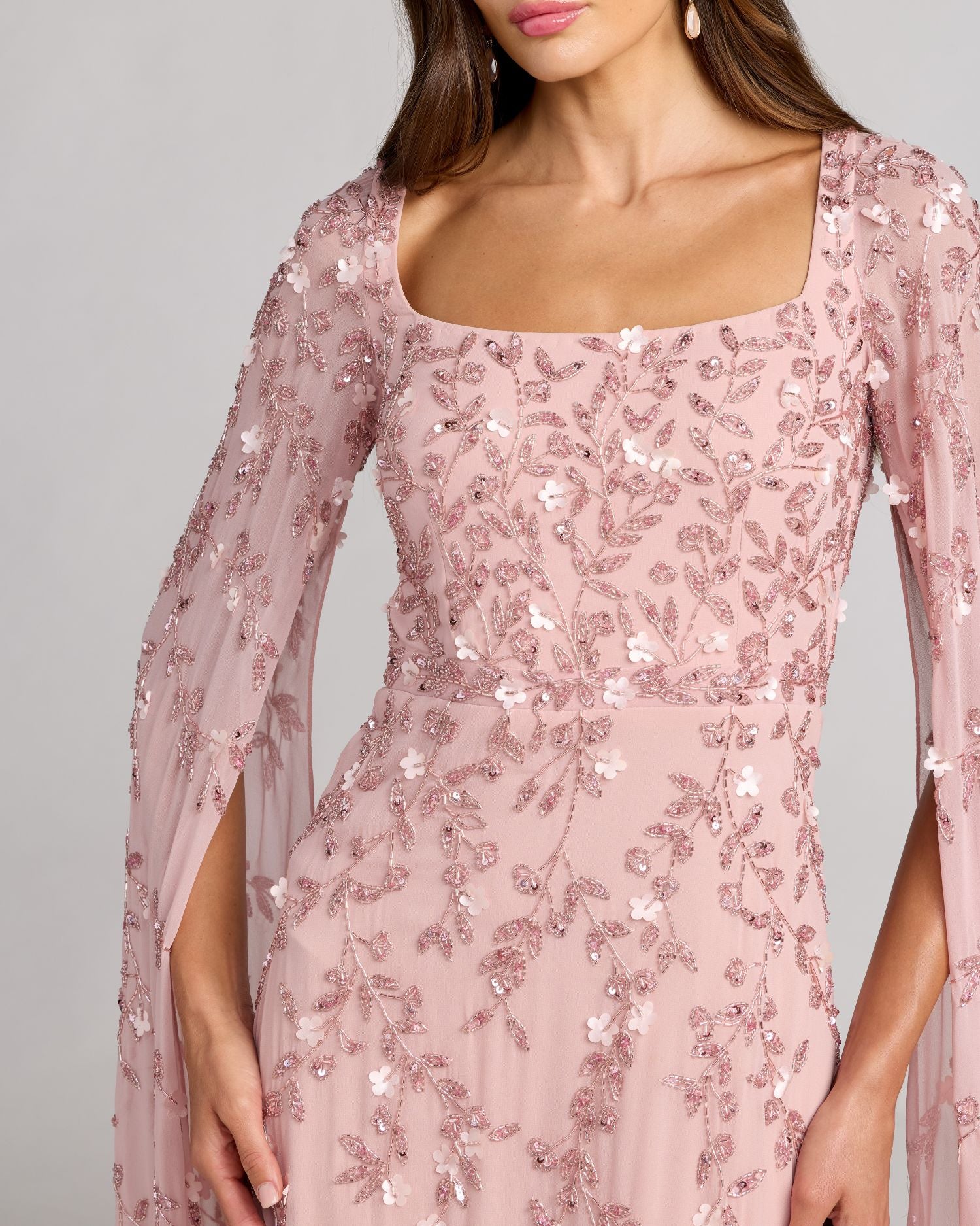 Pink Floral Embellished Cape Sleeve Gown-Myartka