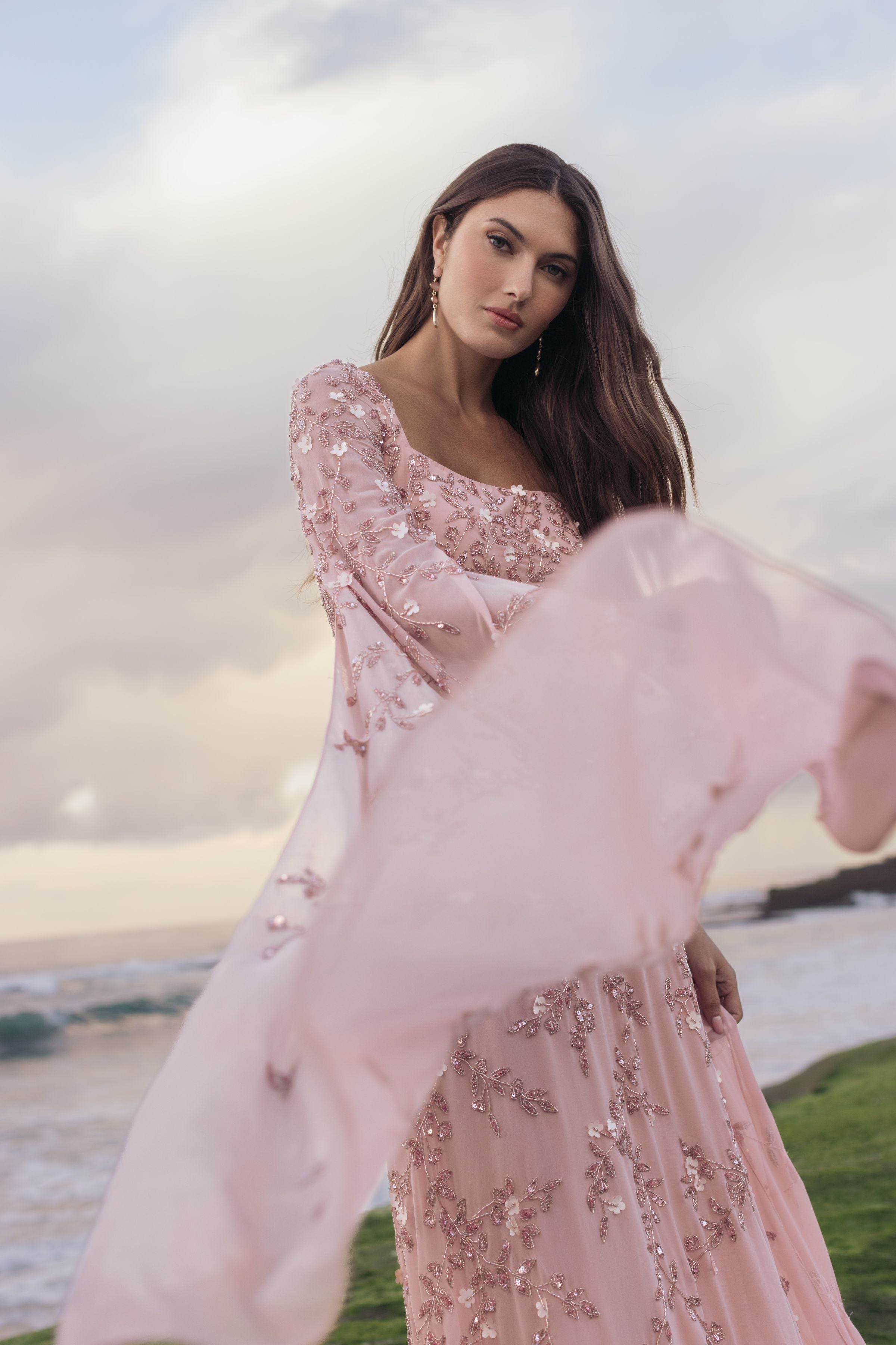 Pink Floral Embellished Cape Sleeve Gown-Myartka