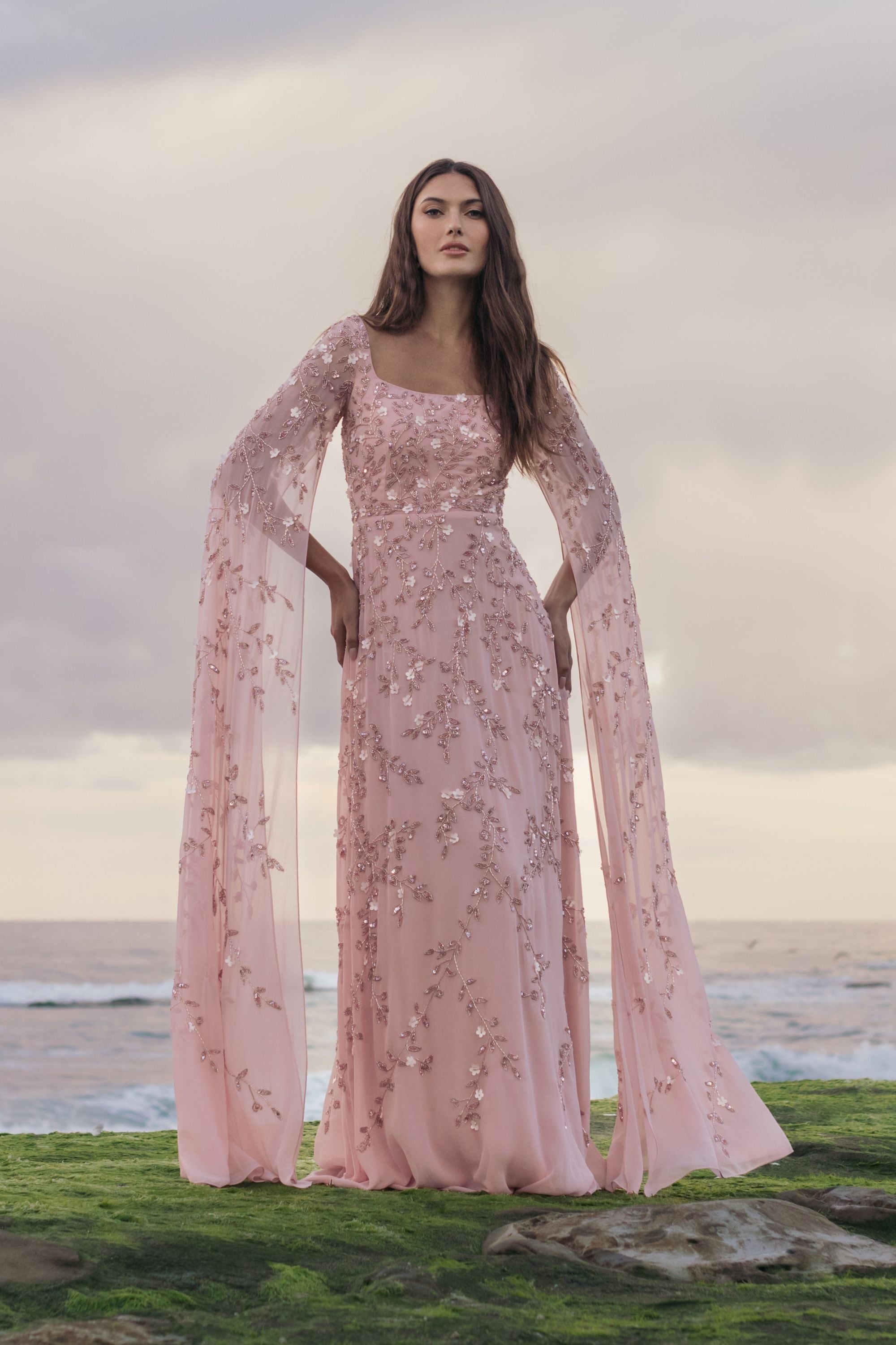 Pink Floral Embellished Cape Sleeve Gown-Myartka