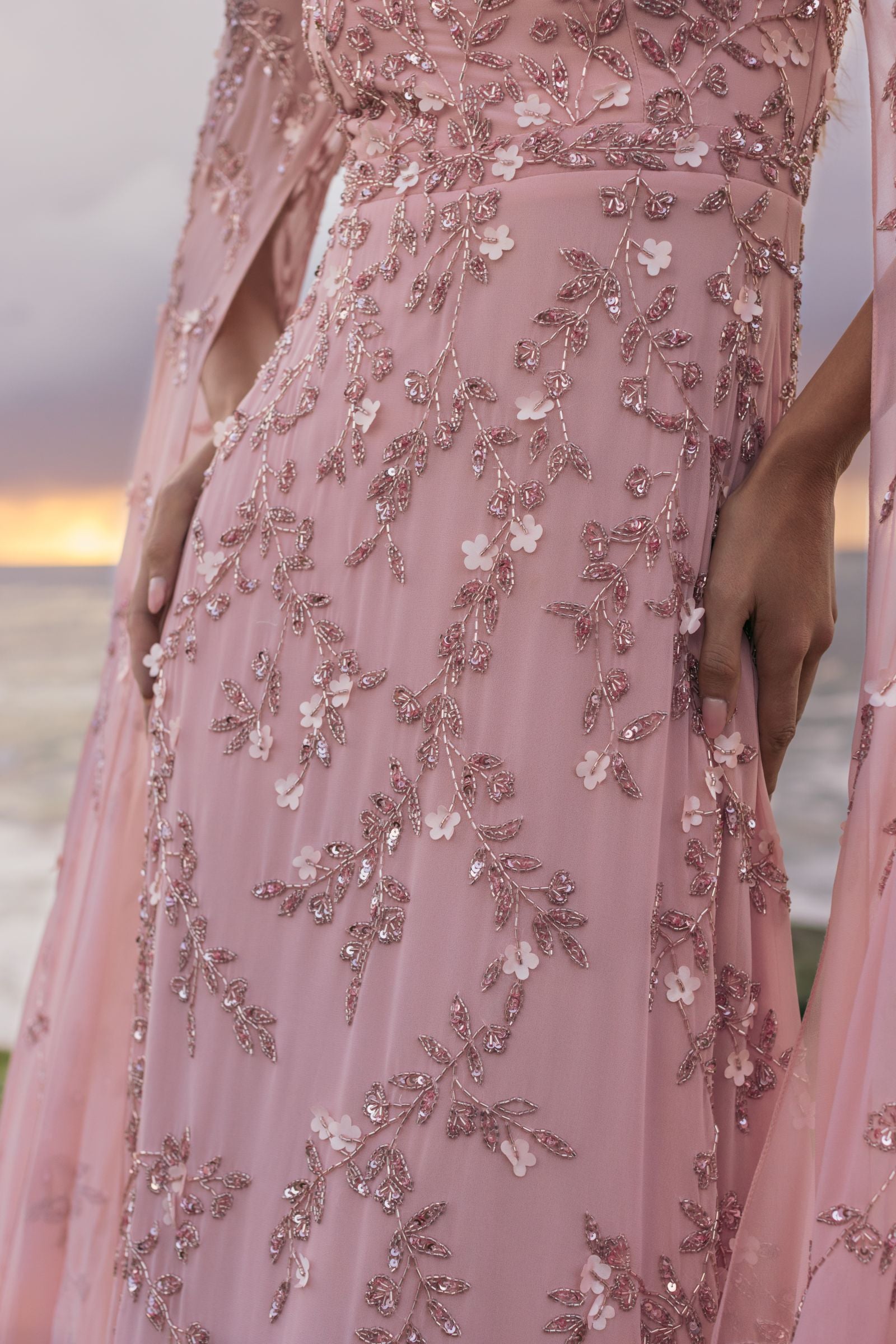 Pink Floral Embellished Cape Sleeve Gown-Myartka