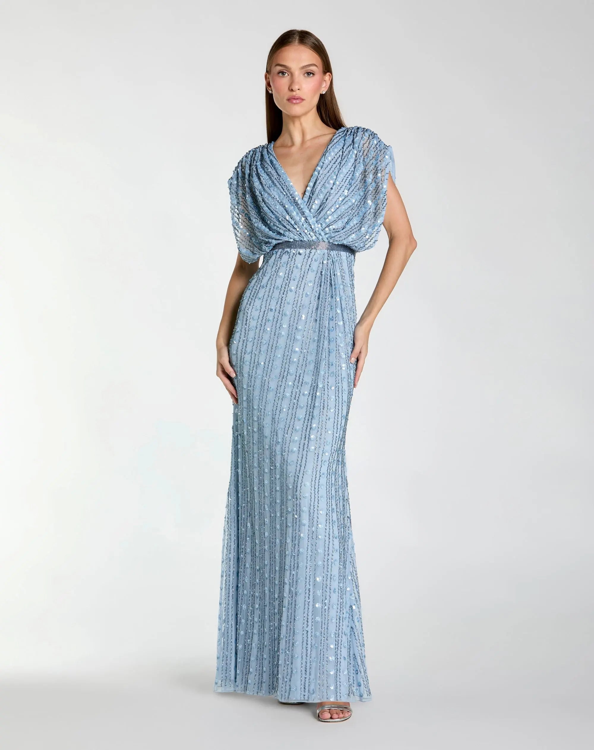 Blue Embellished Blouson V Neck Column Gown-Myartka