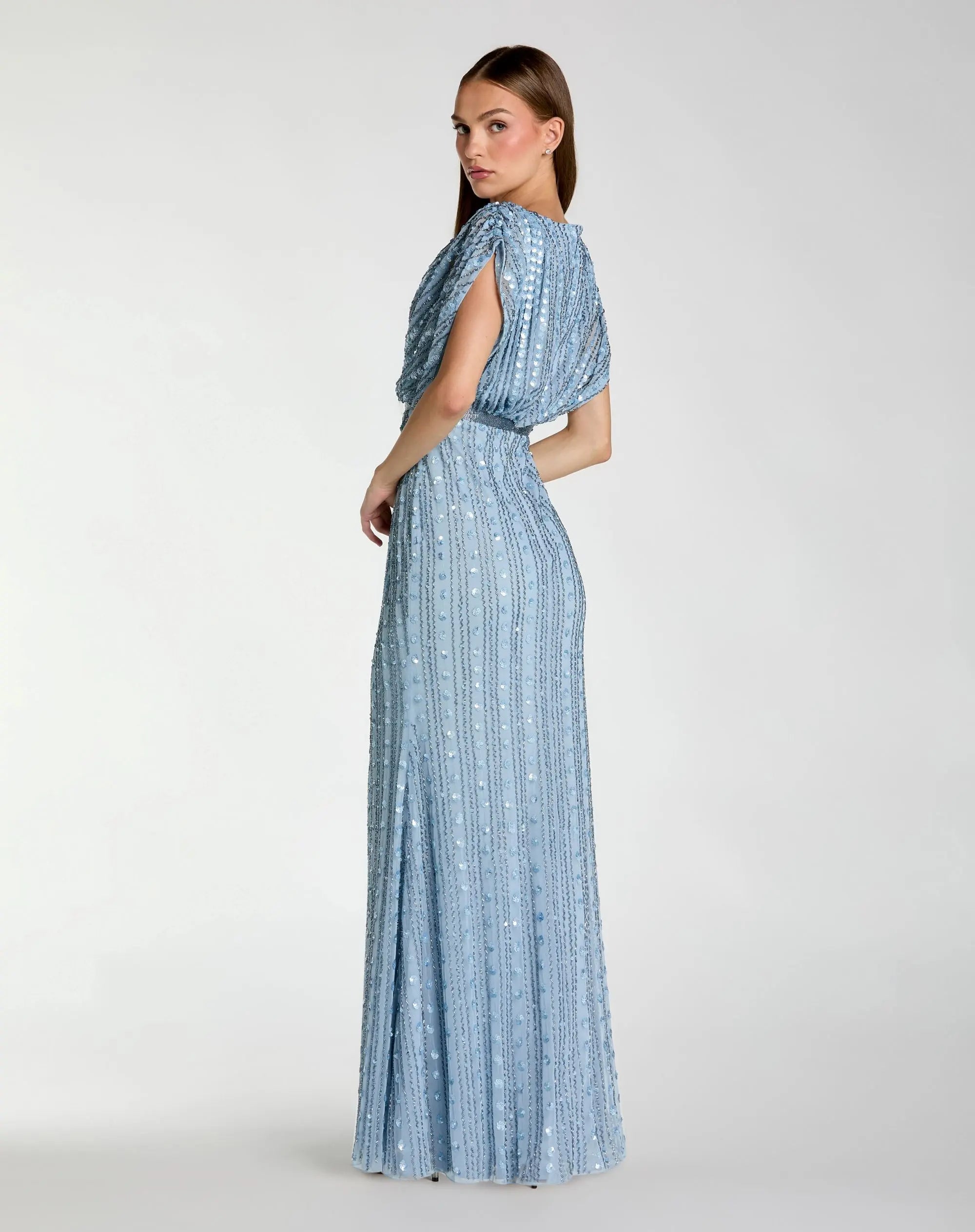 Blue Embellished Blouson V Neck Column Gown-Myartka