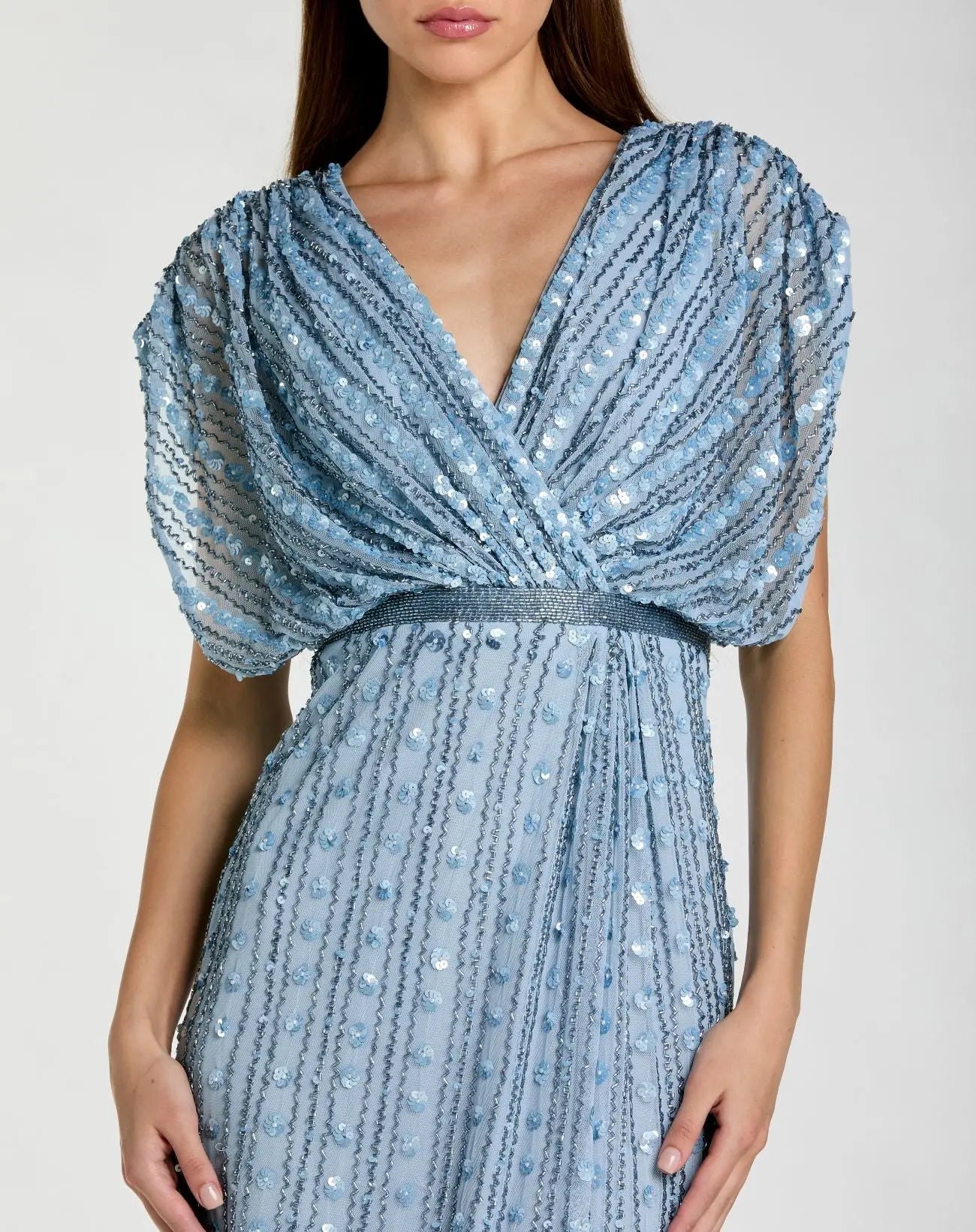 Blue Embellished Blouson V Neck Column Gown-Myartka