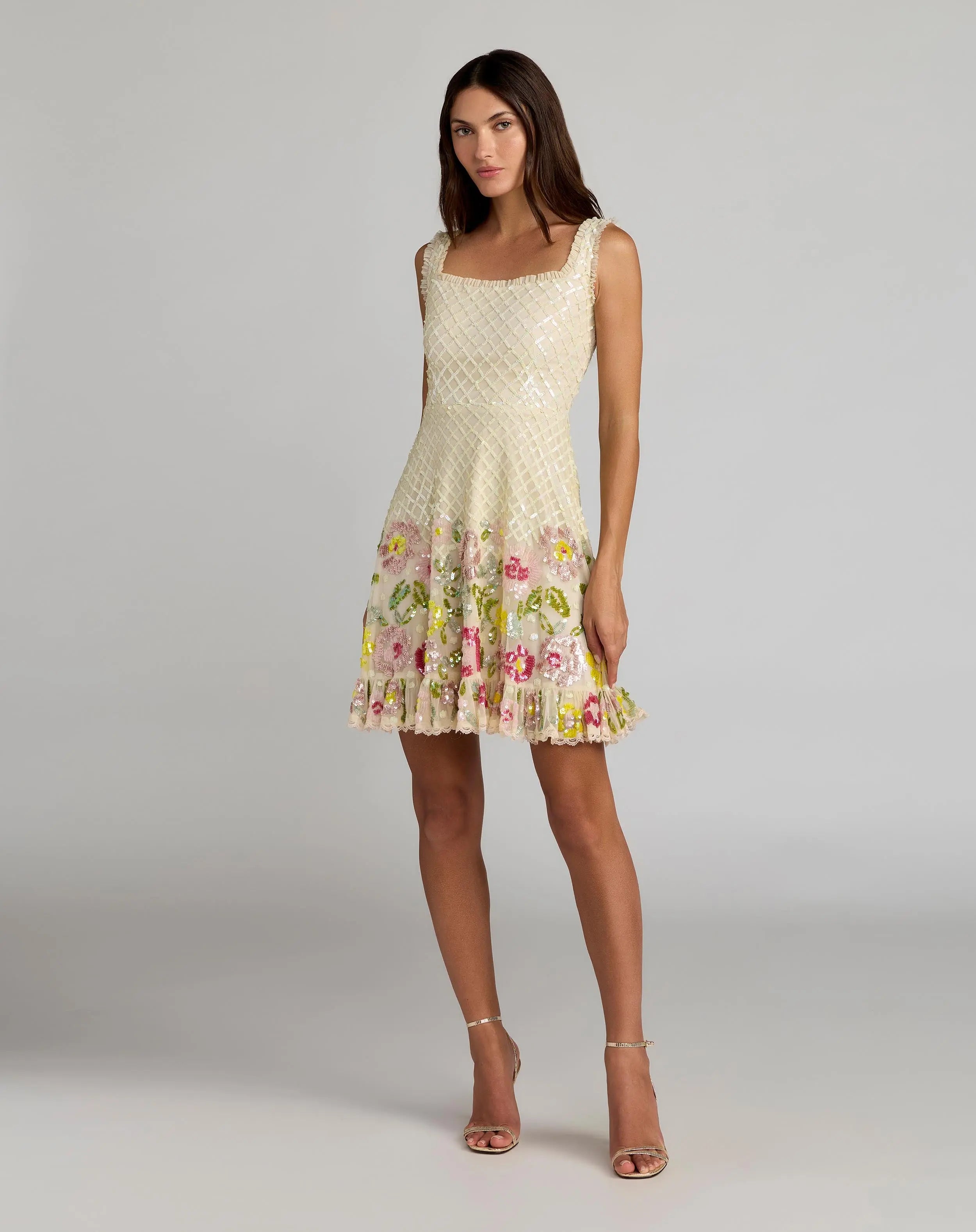 Ivory Floral Sequin Square Neck Mini Dress-Myartka