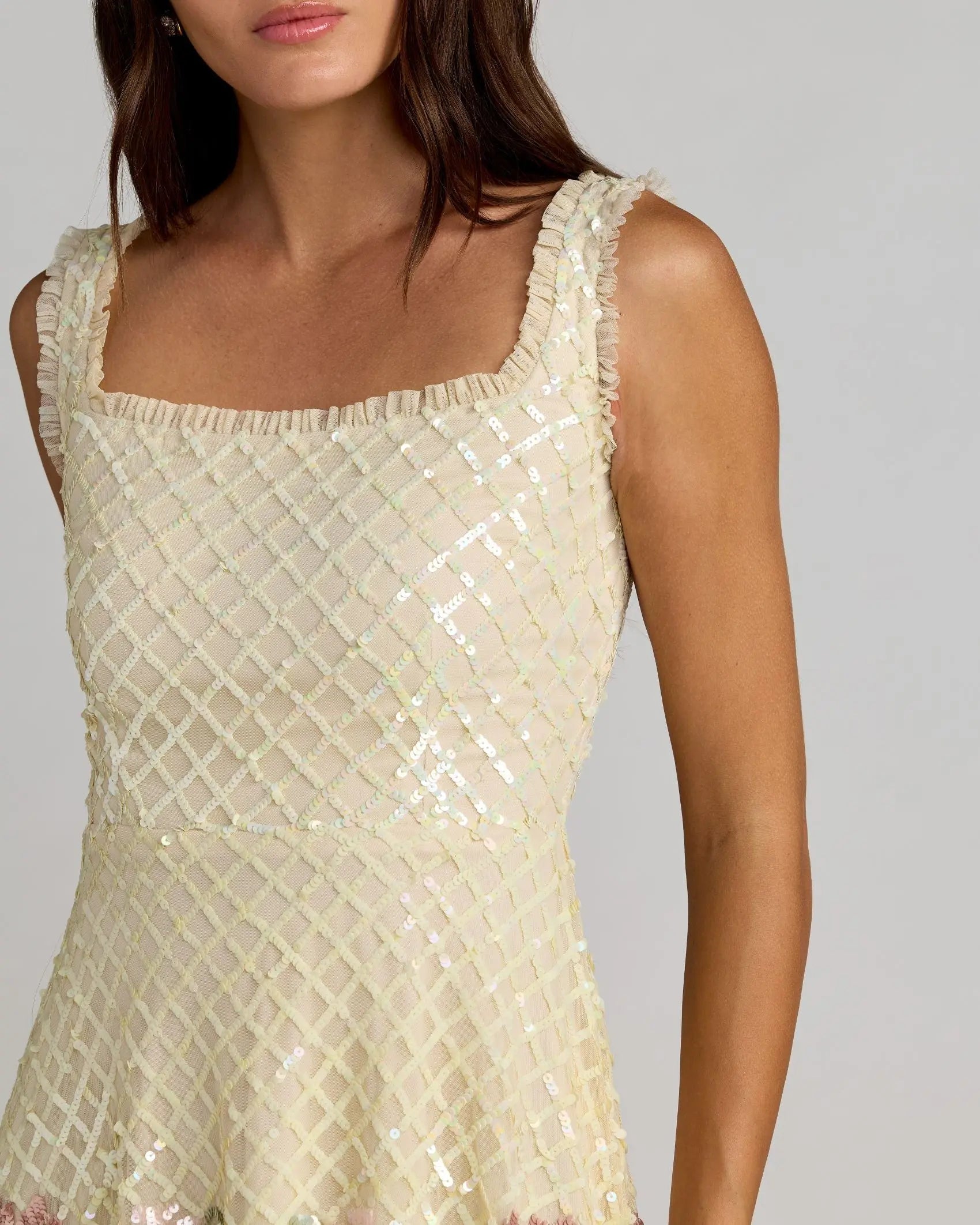 Ivory Floral Sequin Square Neck Mini Dress-Myartka
