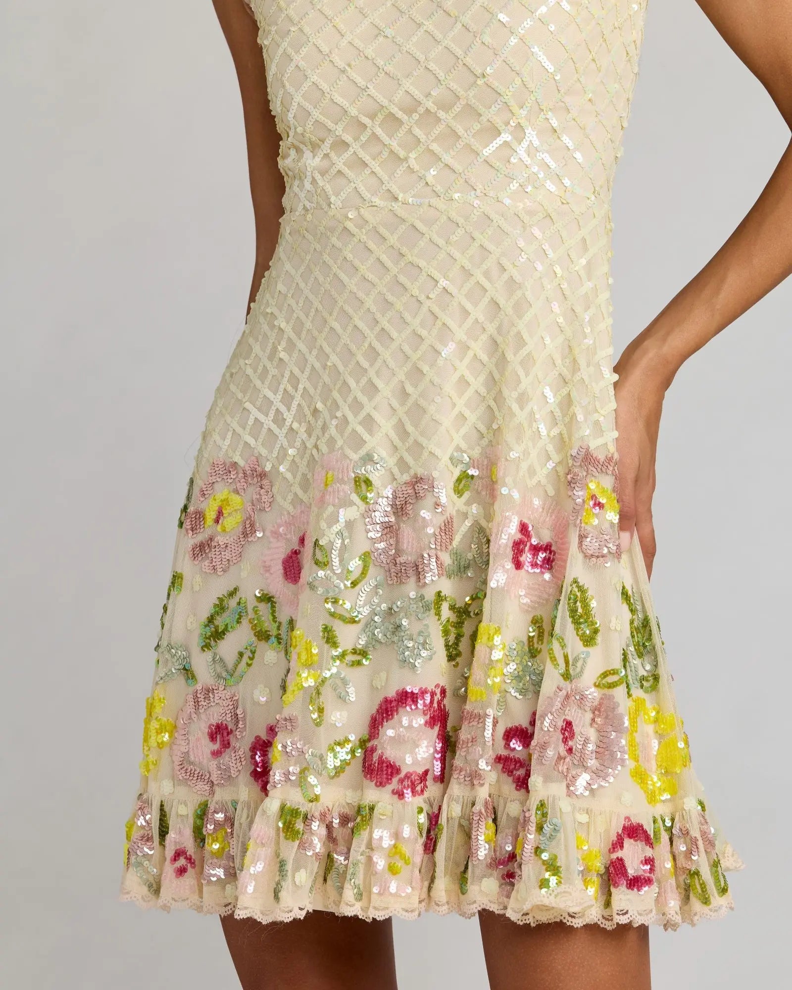 Ivory Floral Sequin Square Neck Mini Dress-Myartka