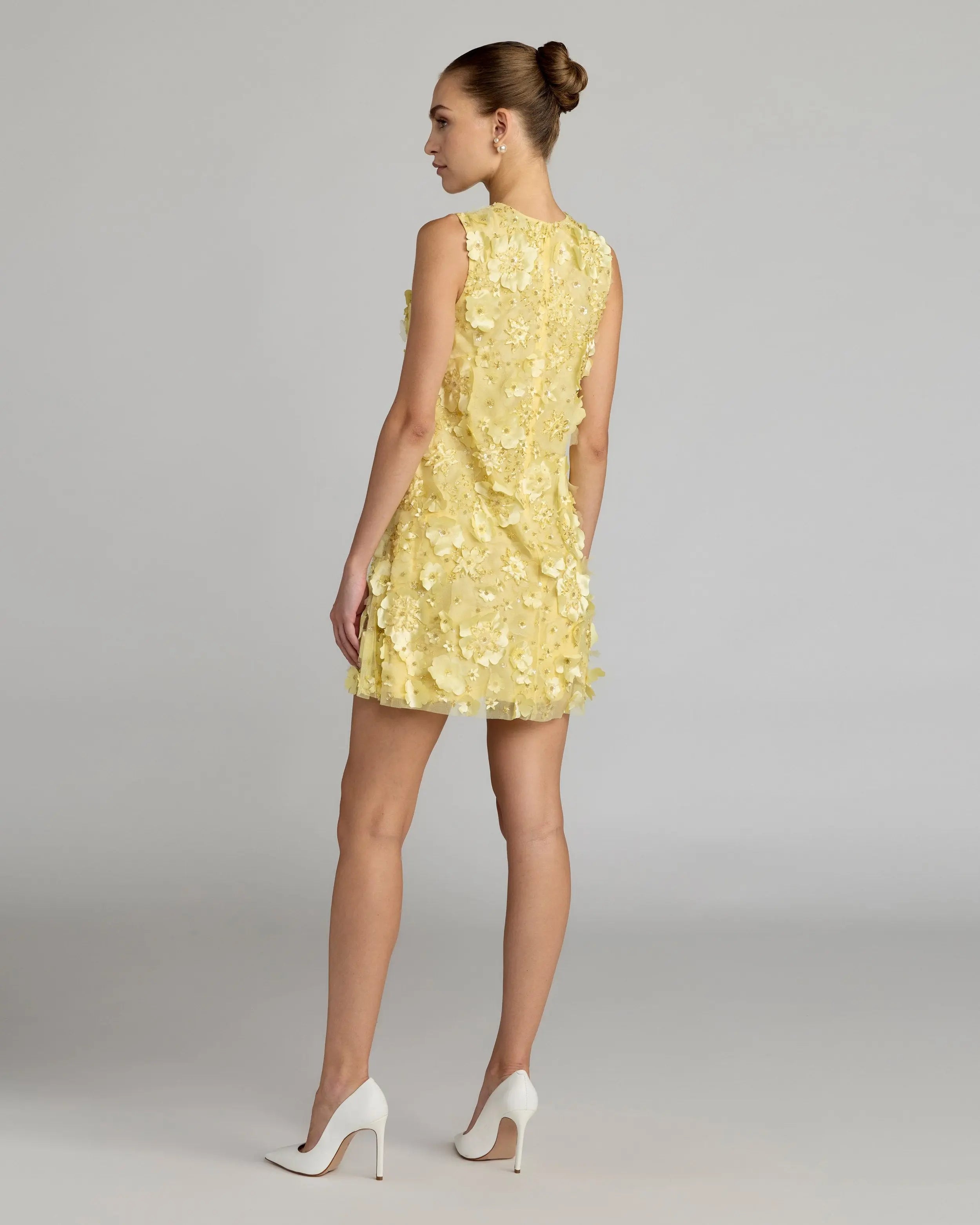 Yellow 3D Floral Embellished Sleeveless Mini Dress-Myartka