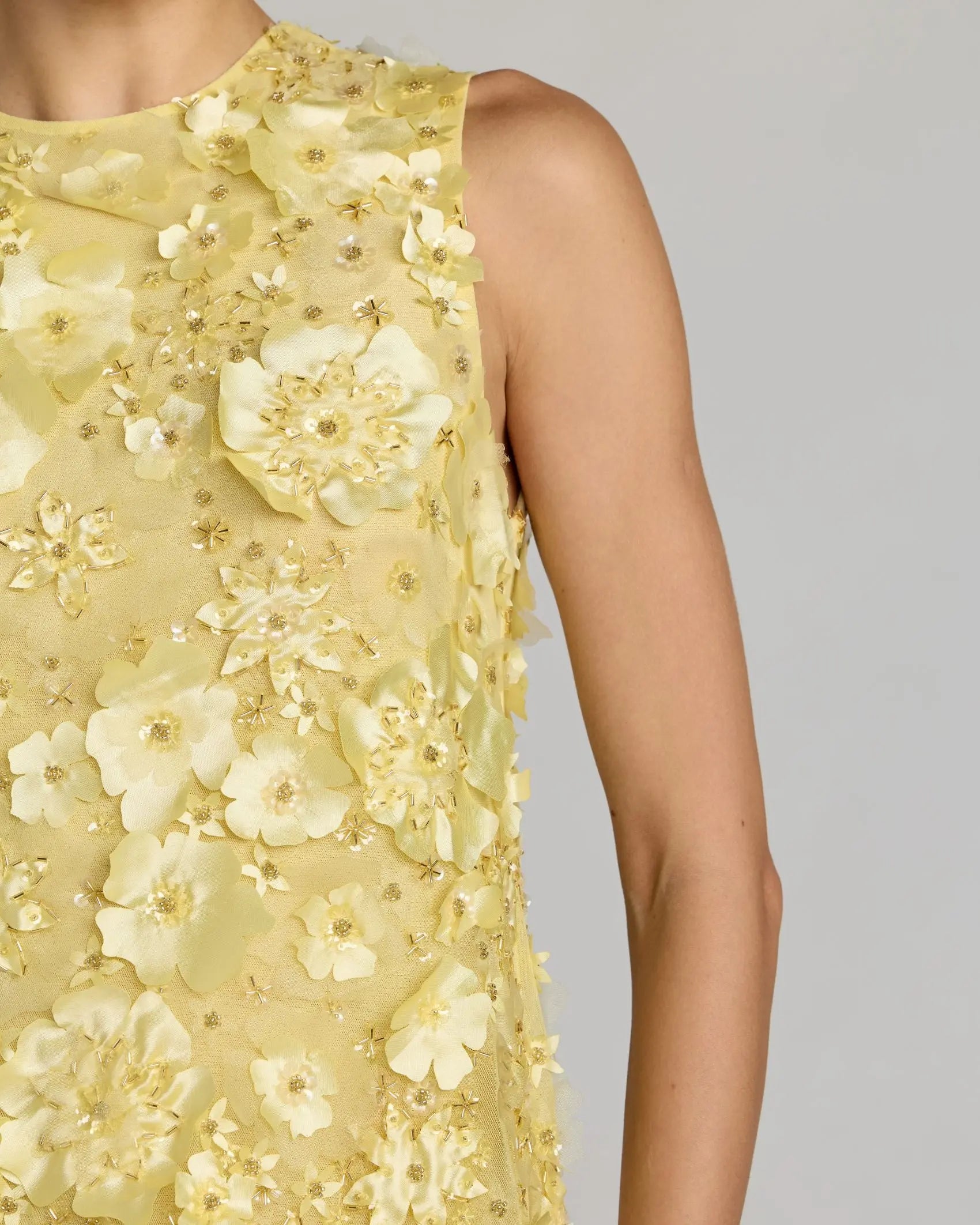 Yellow 3D Floral Embellished Sleeveless Mini Dress-Myartka