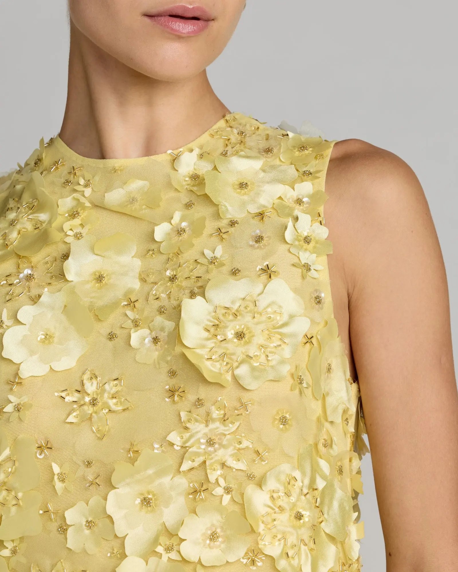 Yellow 3D Floral Embellished Sleeveless Mini Dress-Myartka