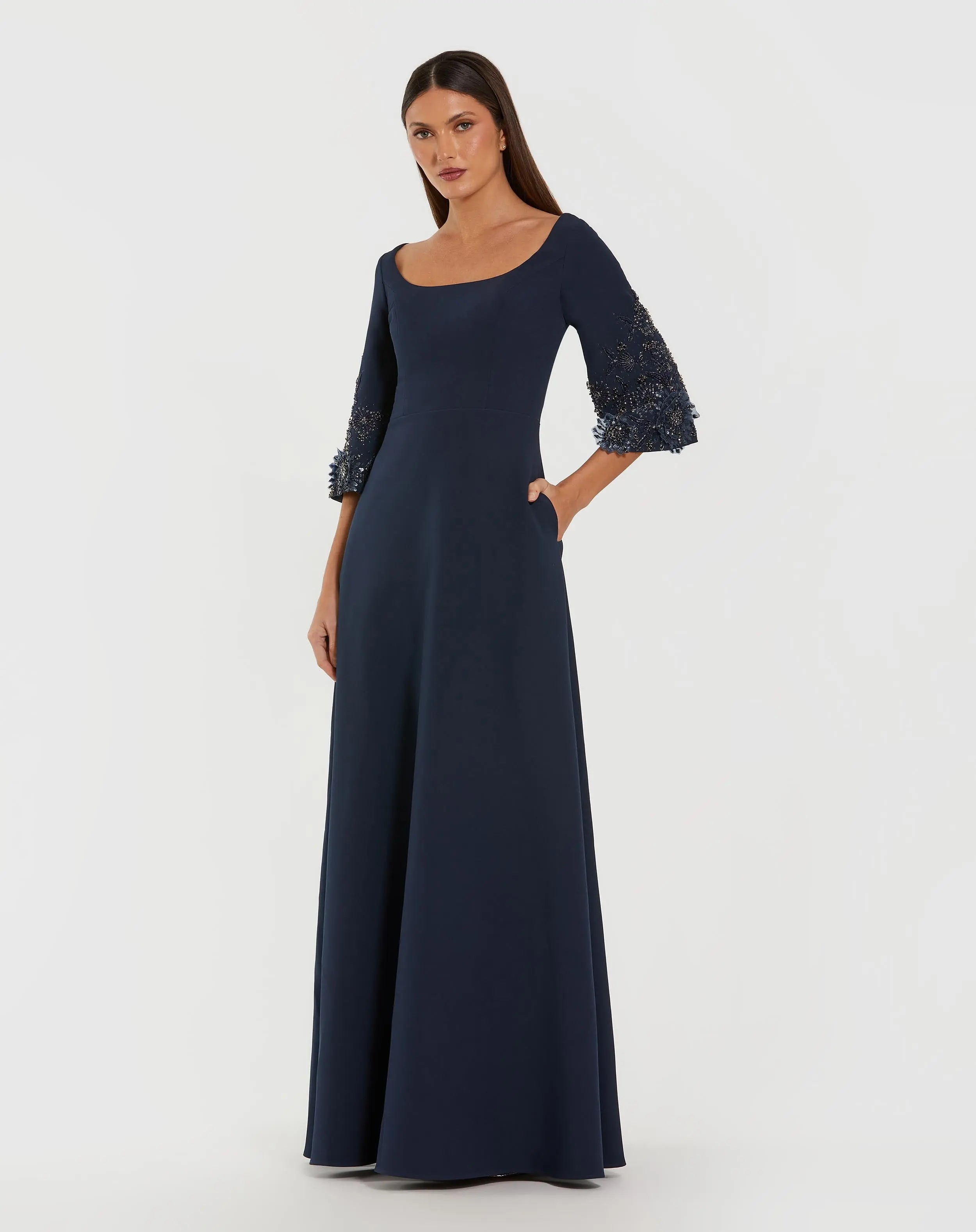 Navy Crepe Gown With Floral Embellished Sleeves-Myartka