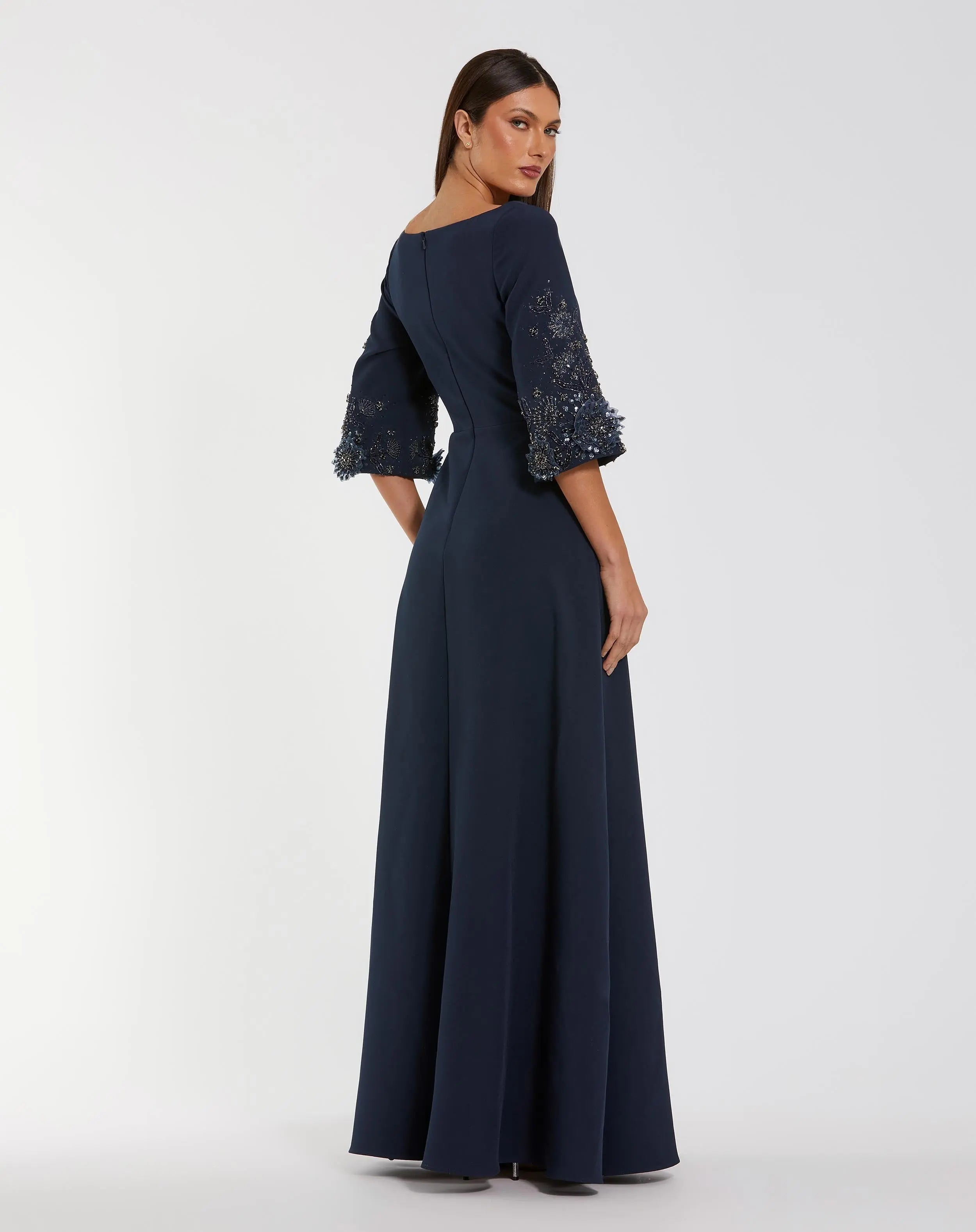 Navy Crepe Gown With Floral Embellished Sleeves-Myartka