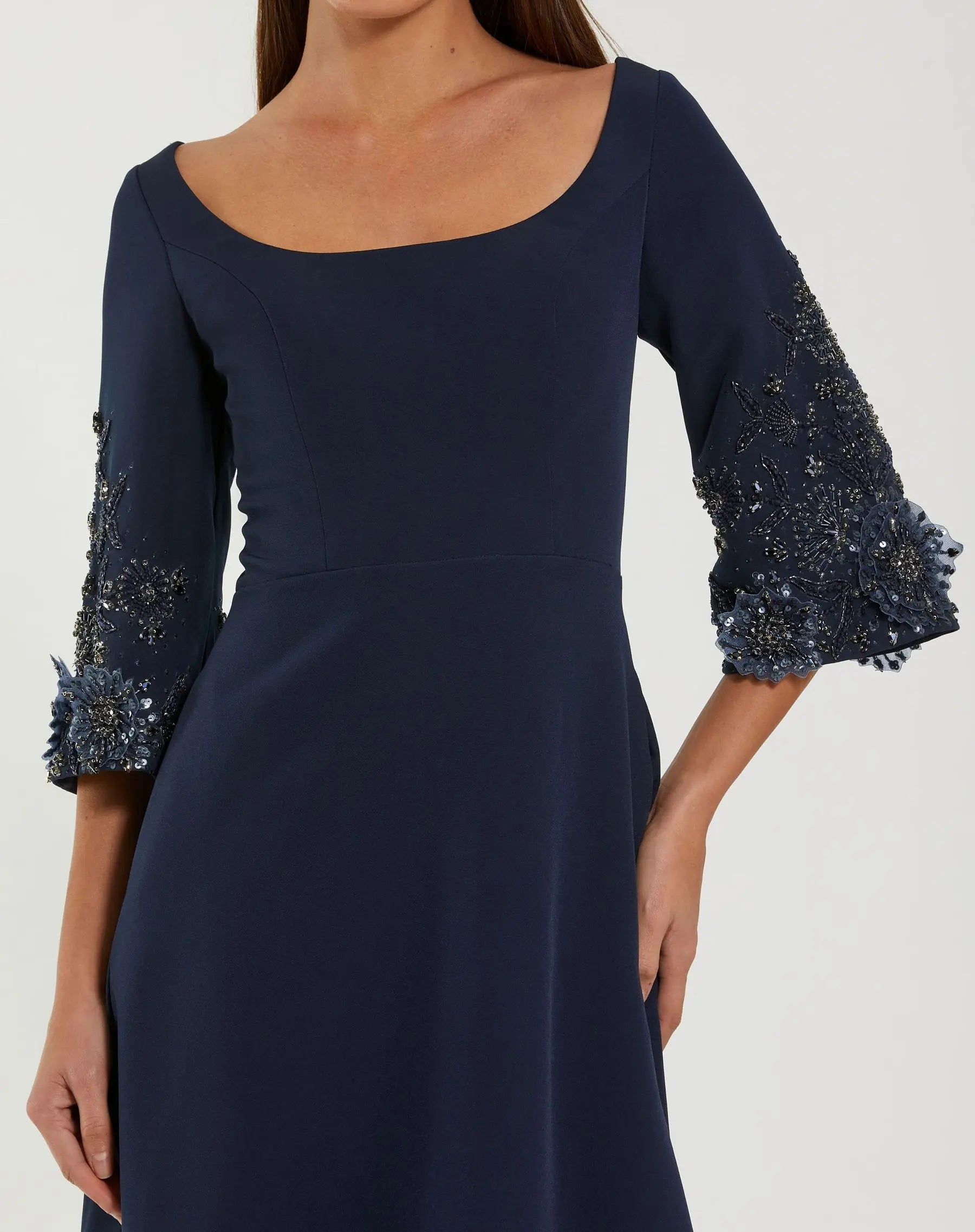 Navy Crepe Gown With Floral Embellished Sleeves-Myartka