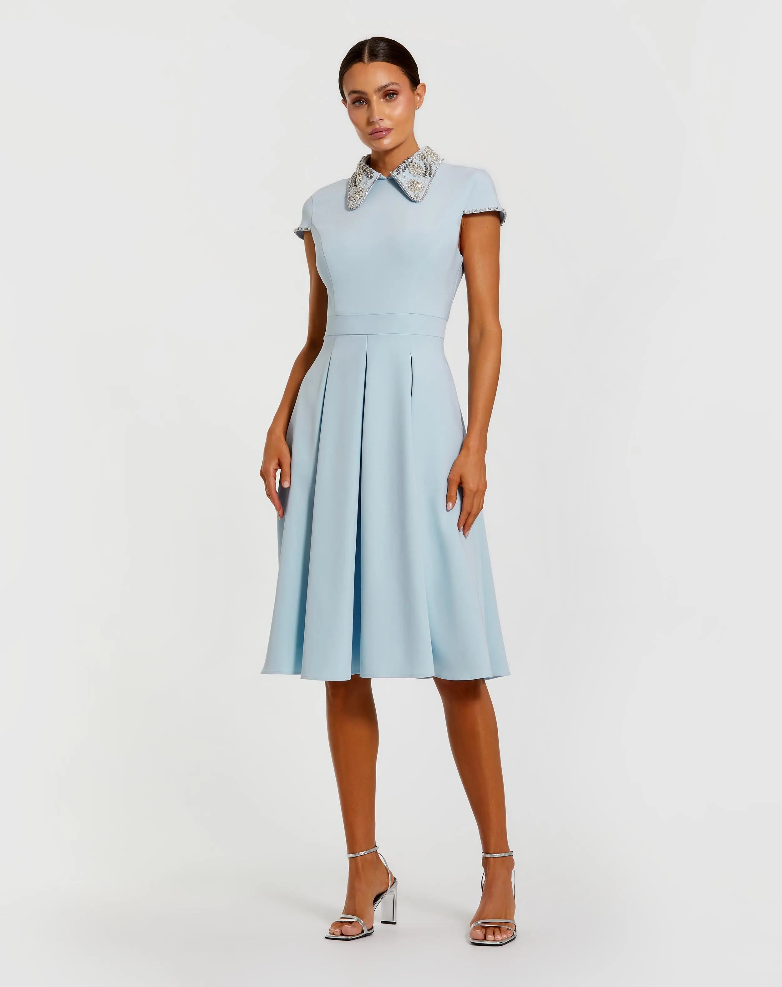 Blue Crepe Short Sleeve Midi Dress With Beading-Myartka
