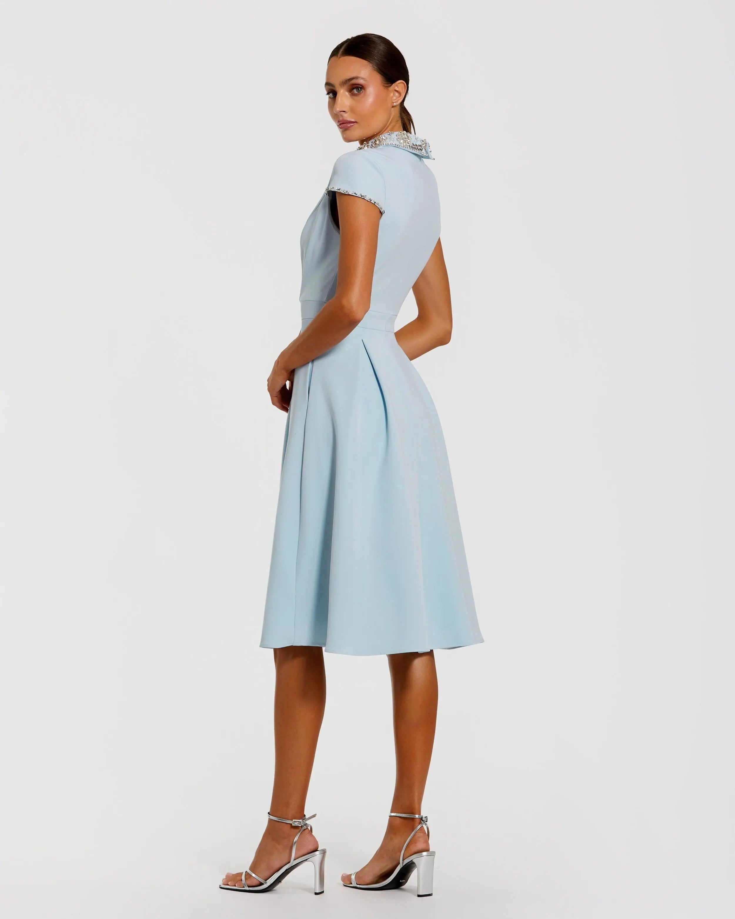 Blue Crepe Short Sleeve Midi Dress With Beading-Myartka