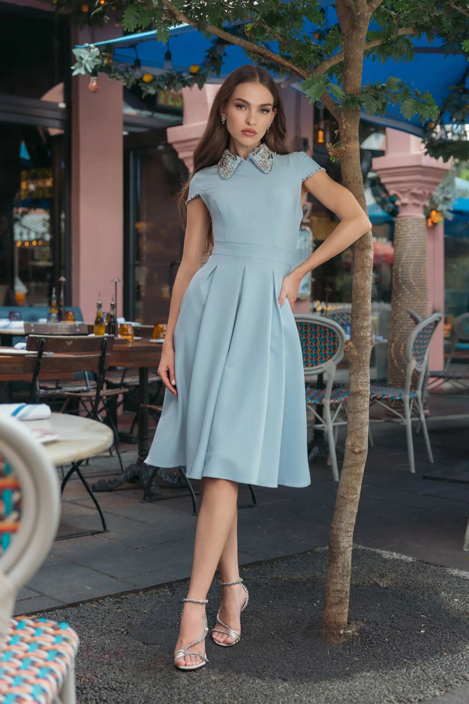 Blue Crepe Short Sleeve Midi Dress With Beading-Myartka