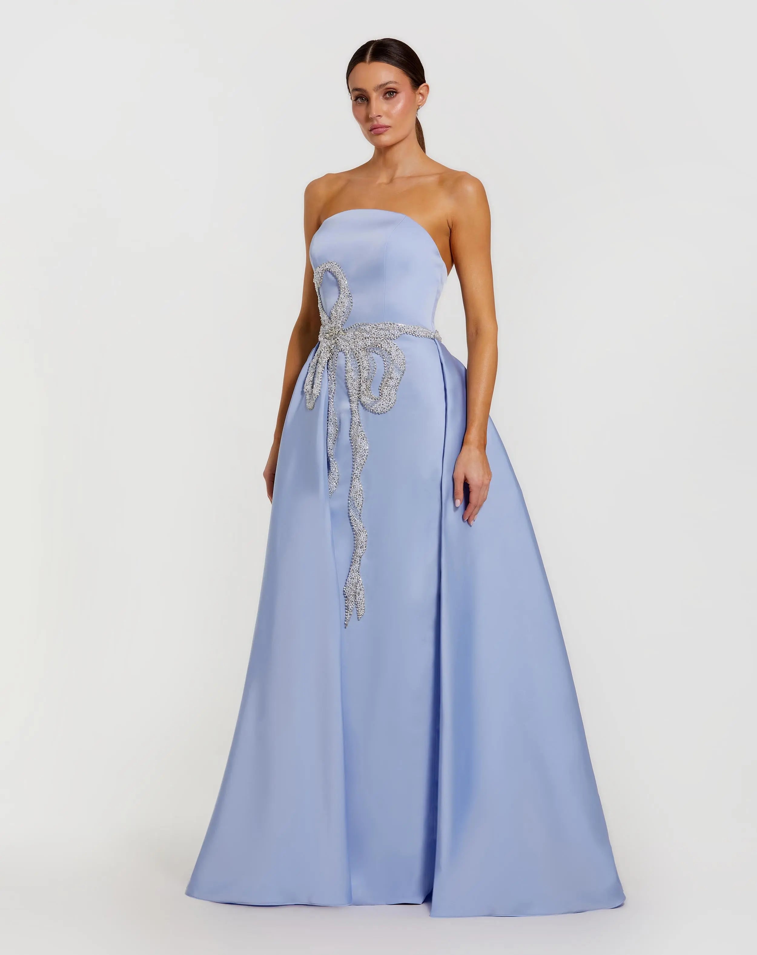 Blue Strapless Embellished Satin Gown with Overskirt-Myartka