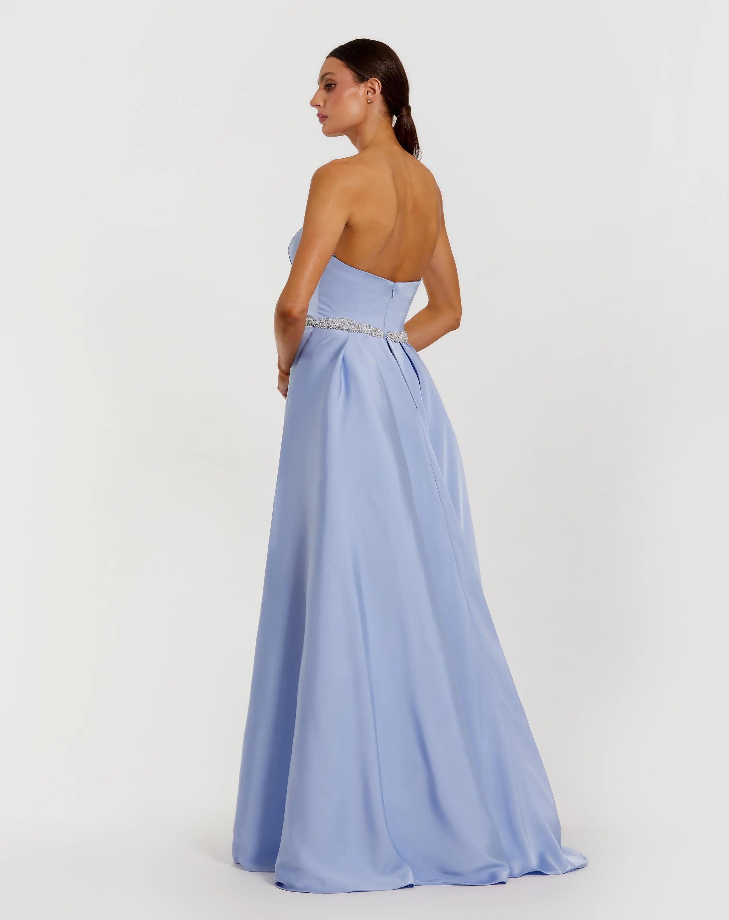 Blue Strapless Embellished Satin Gown with Overskirt-Myartka