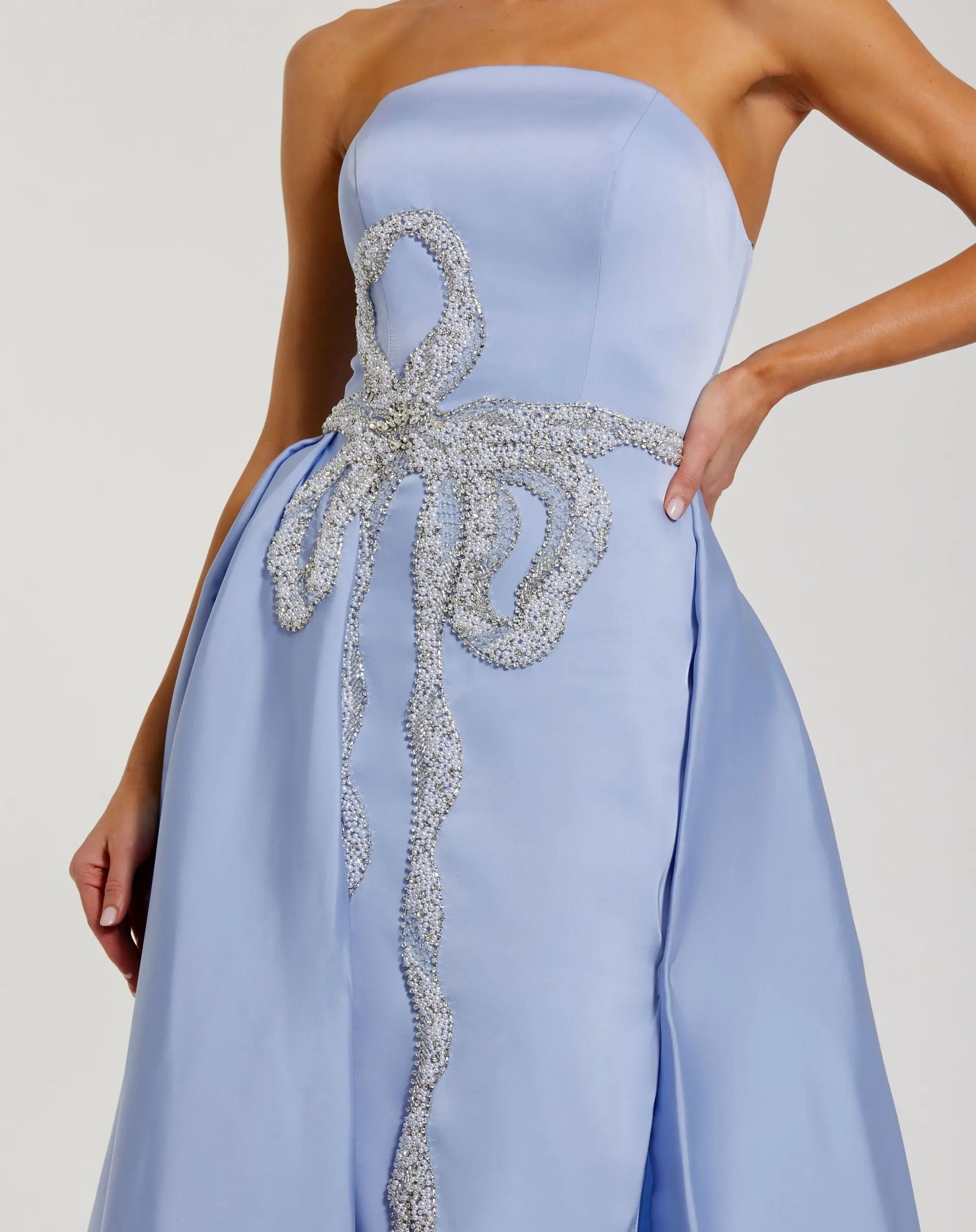 Blue Strapless Embellished Satin Gown with Overskirt-Myartka