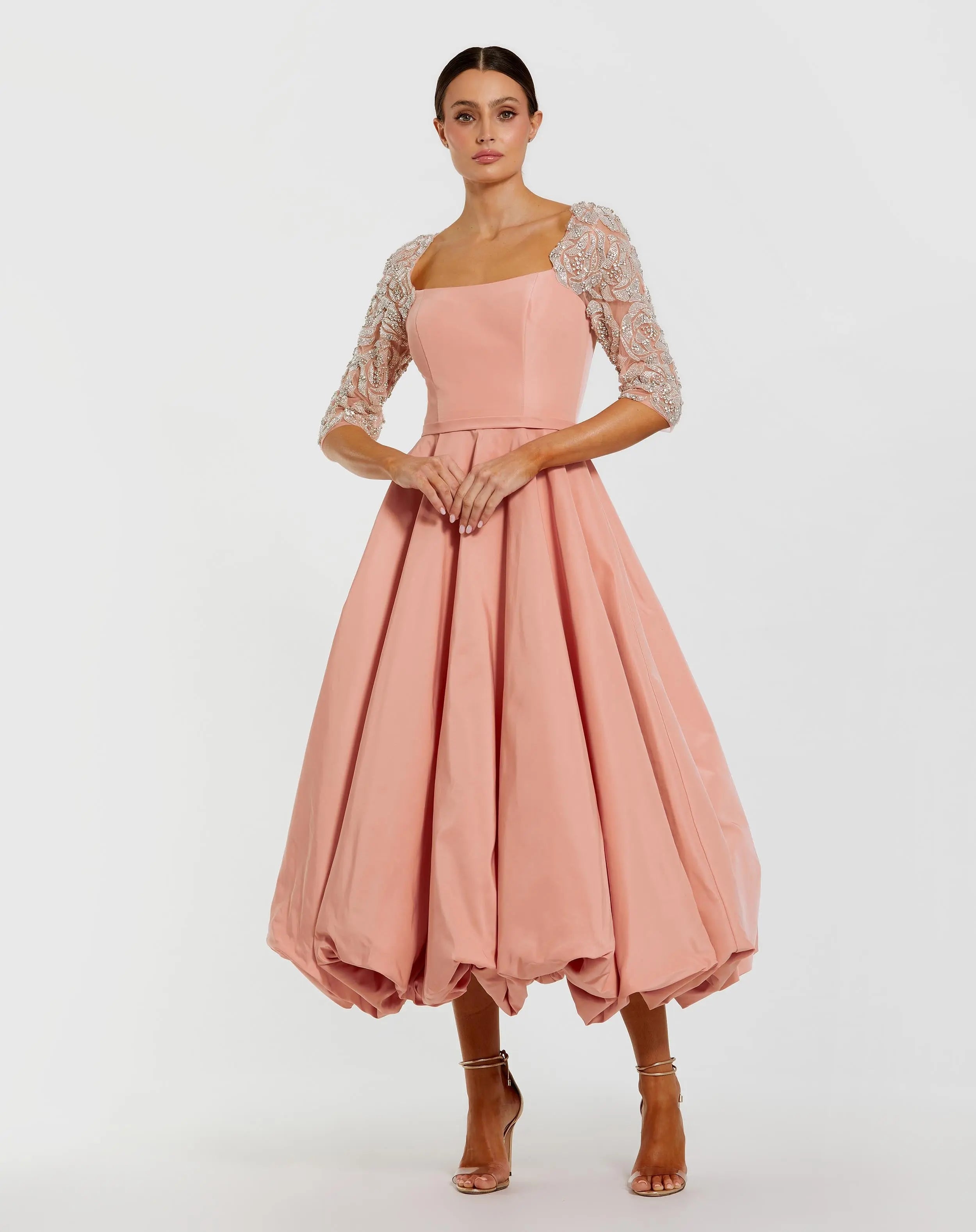 Pink Bubble Hem Midi Dress With Embellished Sleeves-Myartka