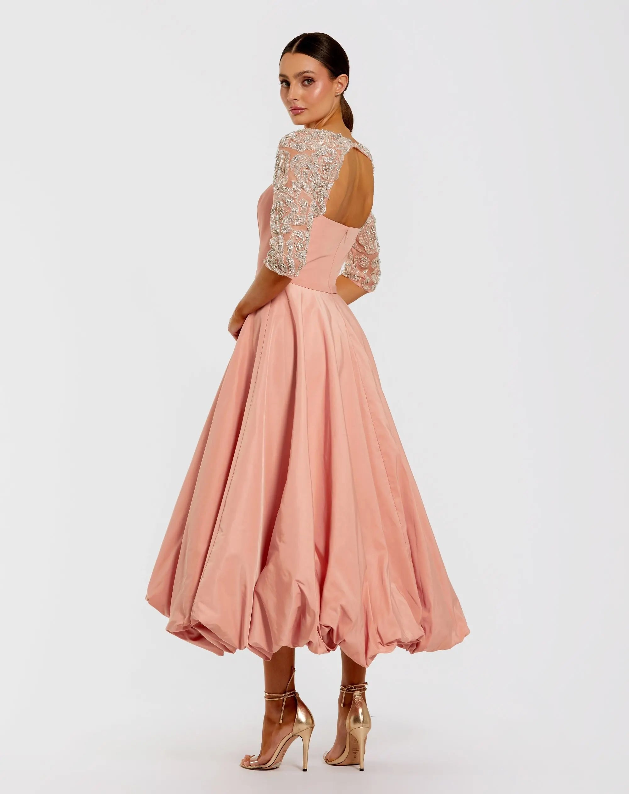 Pink Bubble Hem Midi Dress With Embellished Sleeves-Myartka