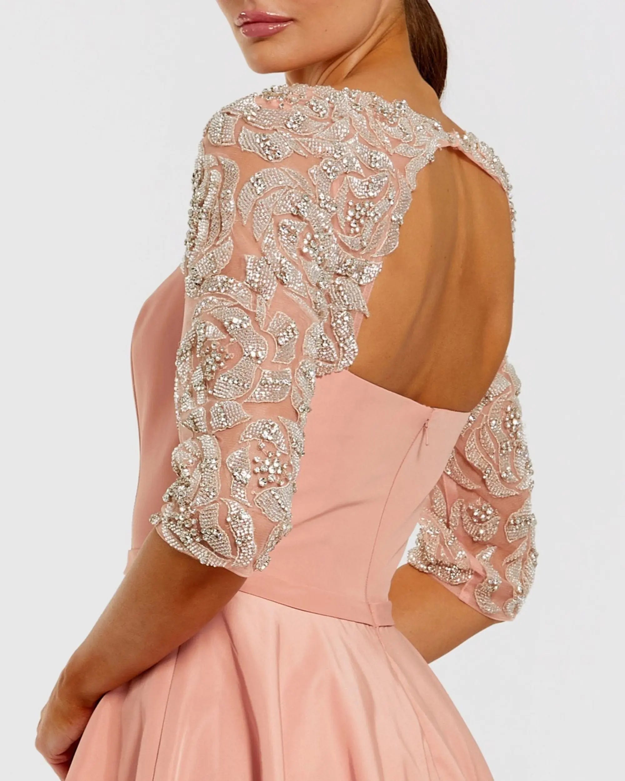 Pink Bubble Hem Midi Dress With Embellished Sleeves-Myartka