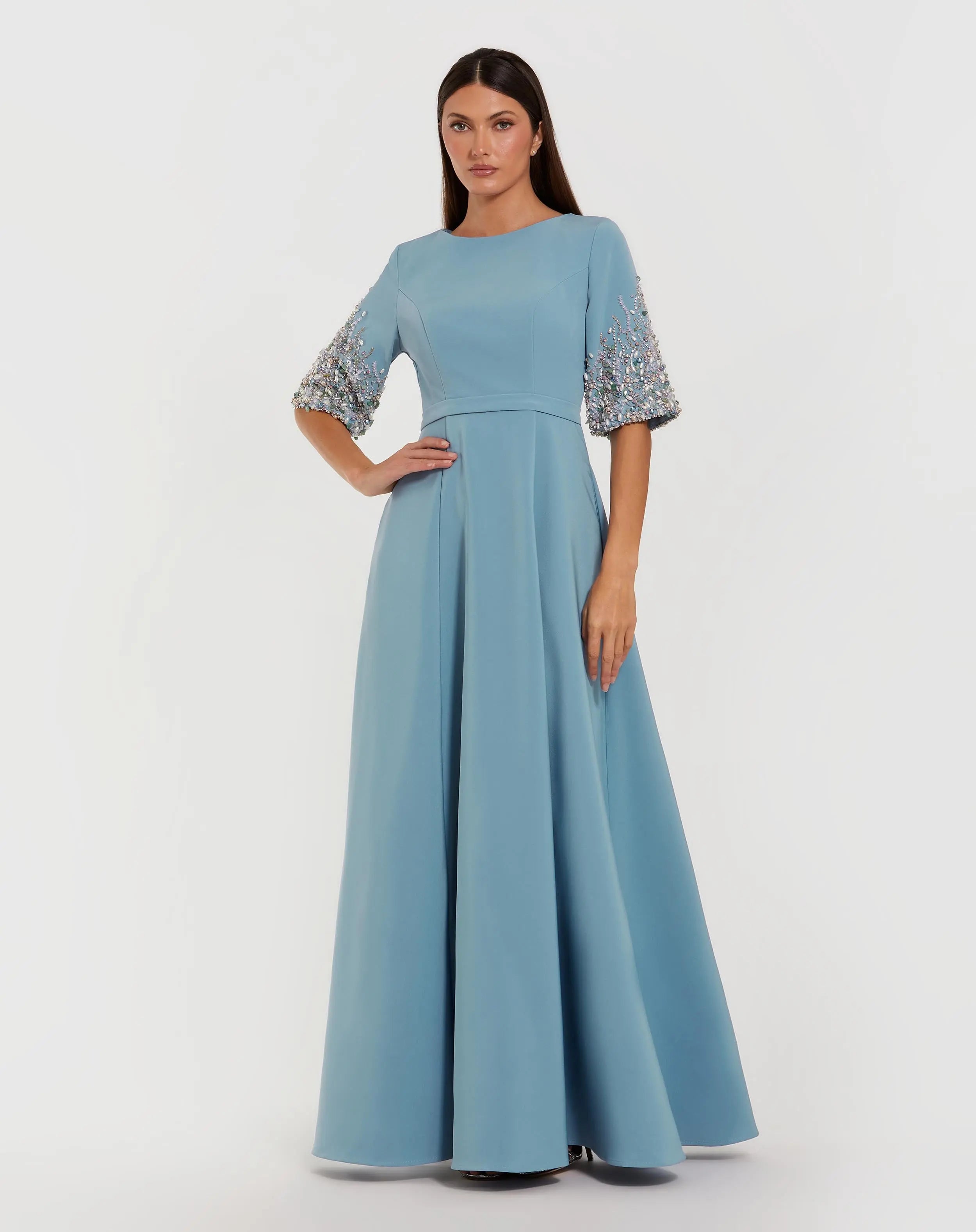 Blue Crepe Gown With Embellished 3/4 Sleeves-Myartka