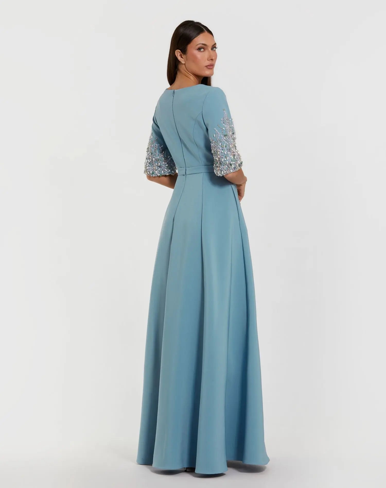 Blue Crepe Gown With Embellished 3/4 Sleeves-Myartka