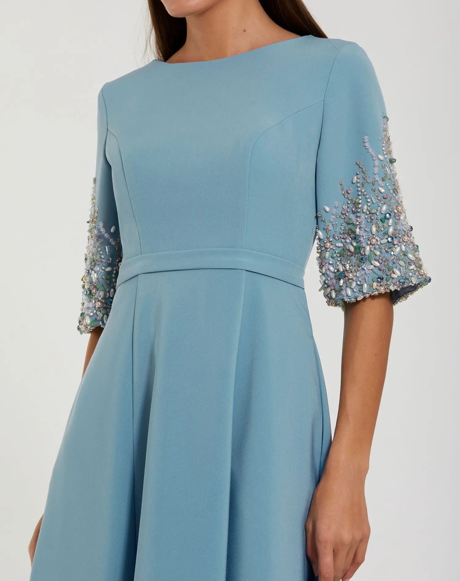 Blue Crepe Gown With Embellished 3/4 Sleeves-Myartka