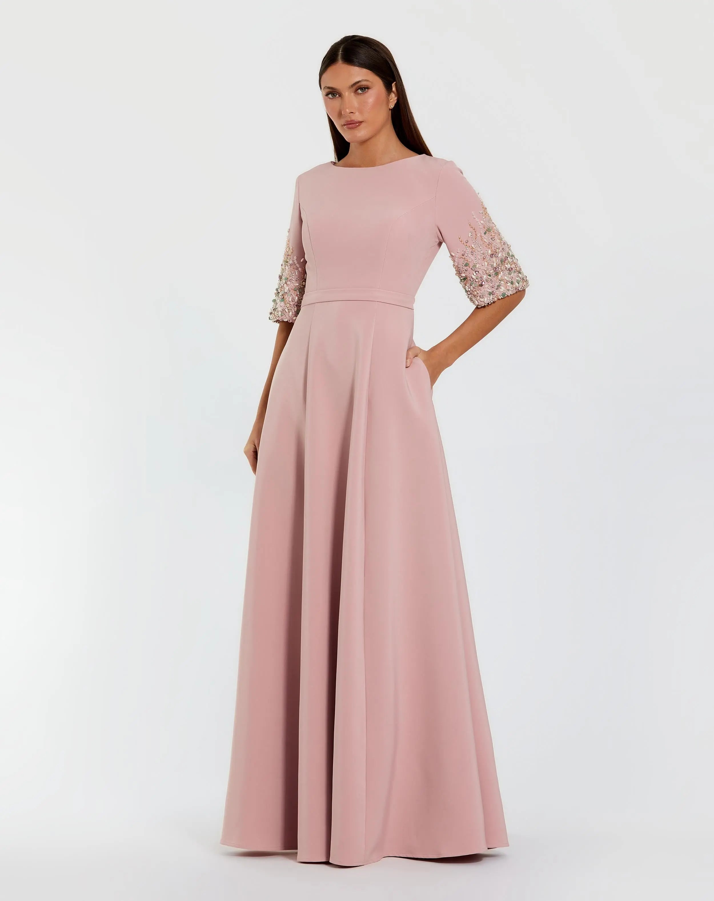 Pink Crepe Gown With Embellished 3/4 Sleeves-Myartka