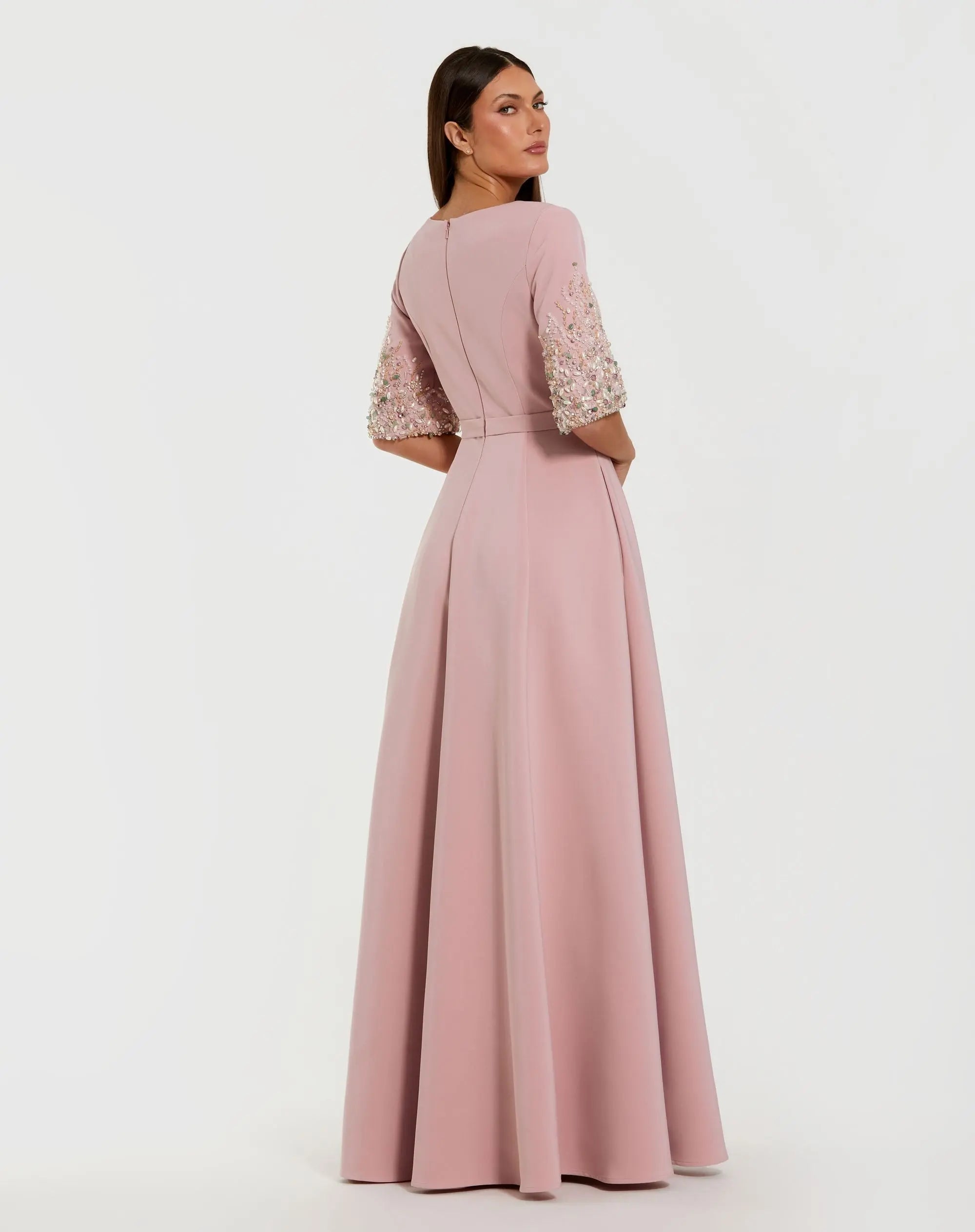 Pink Crepe Gown With Embellished 3/4 Sleeves-Myartka