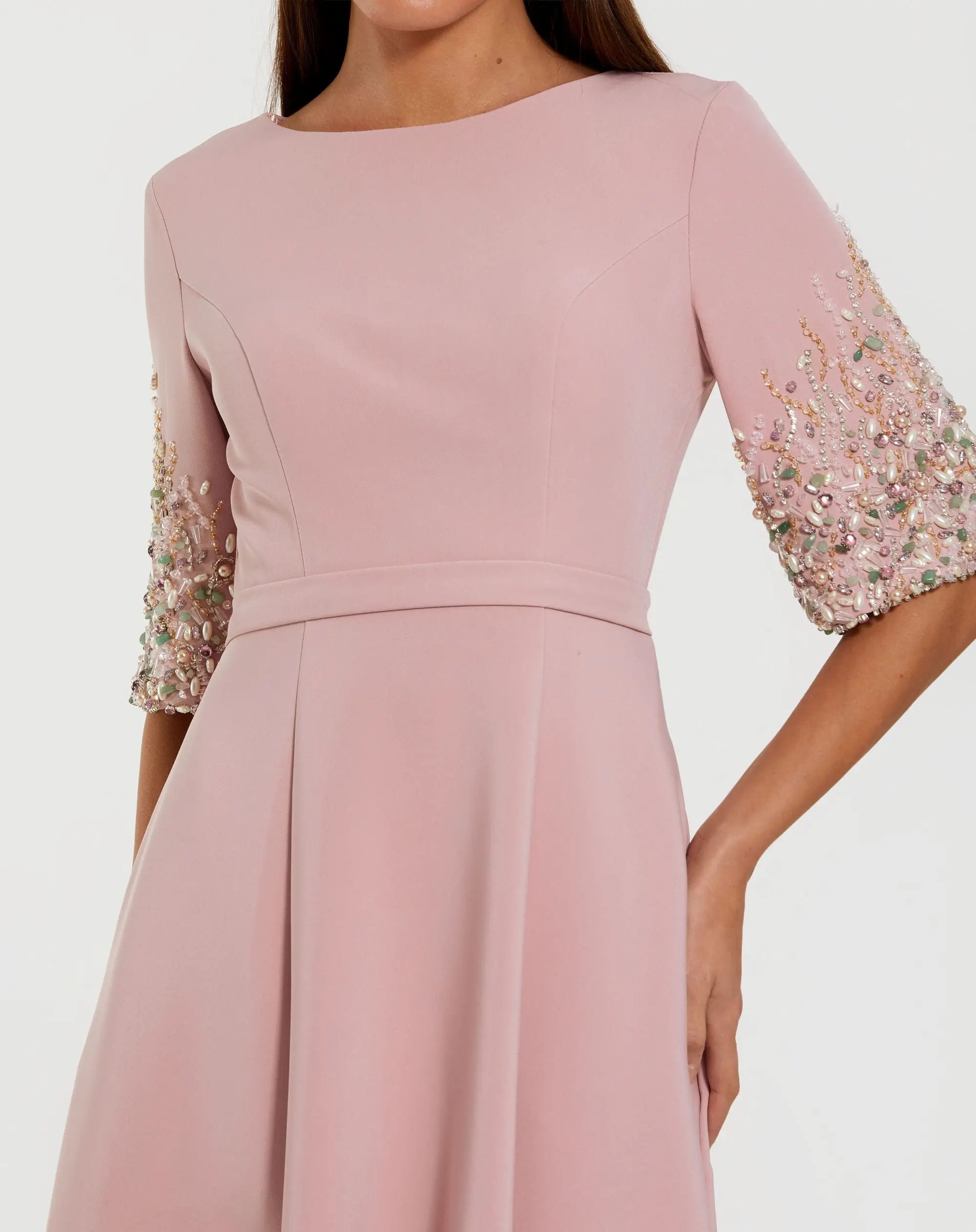Pink Crepe Gown With Embellished 3/4 Sleeves-Myartka