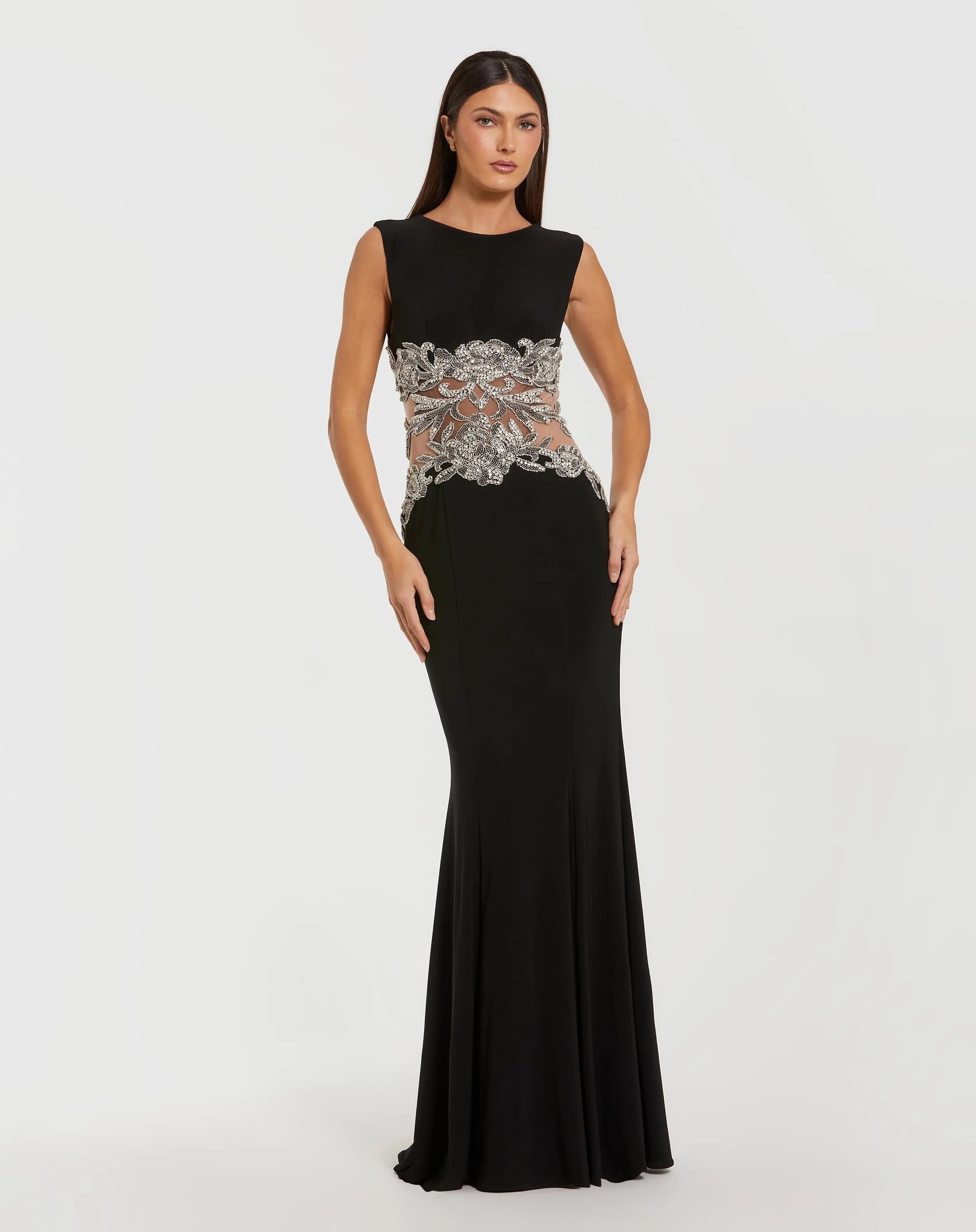 Black Sleeveless Jersey Gown With Beaded Waist Detail-Myartka