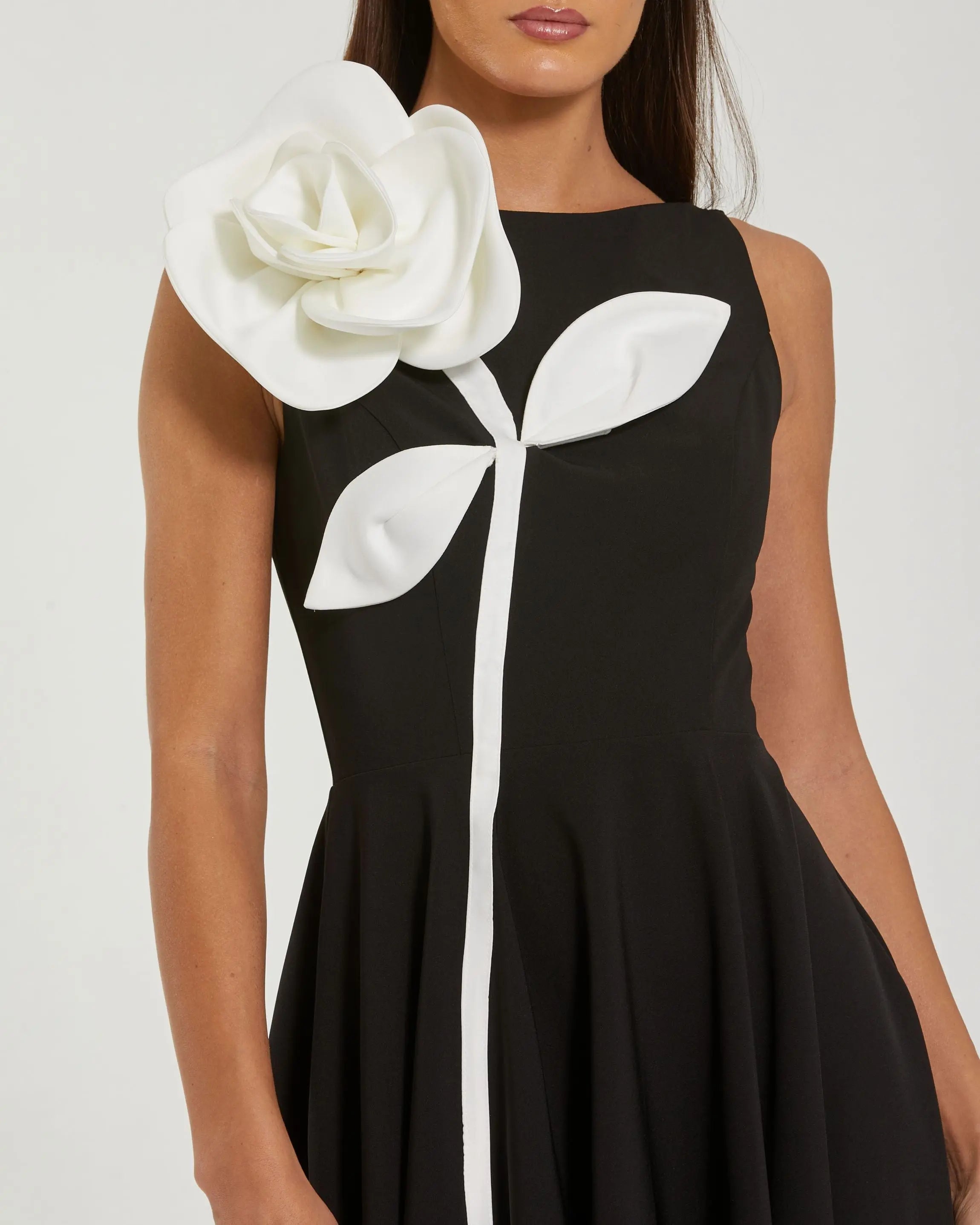 Black Crepe A Line Midi Dress with 3D Flower-Myartka