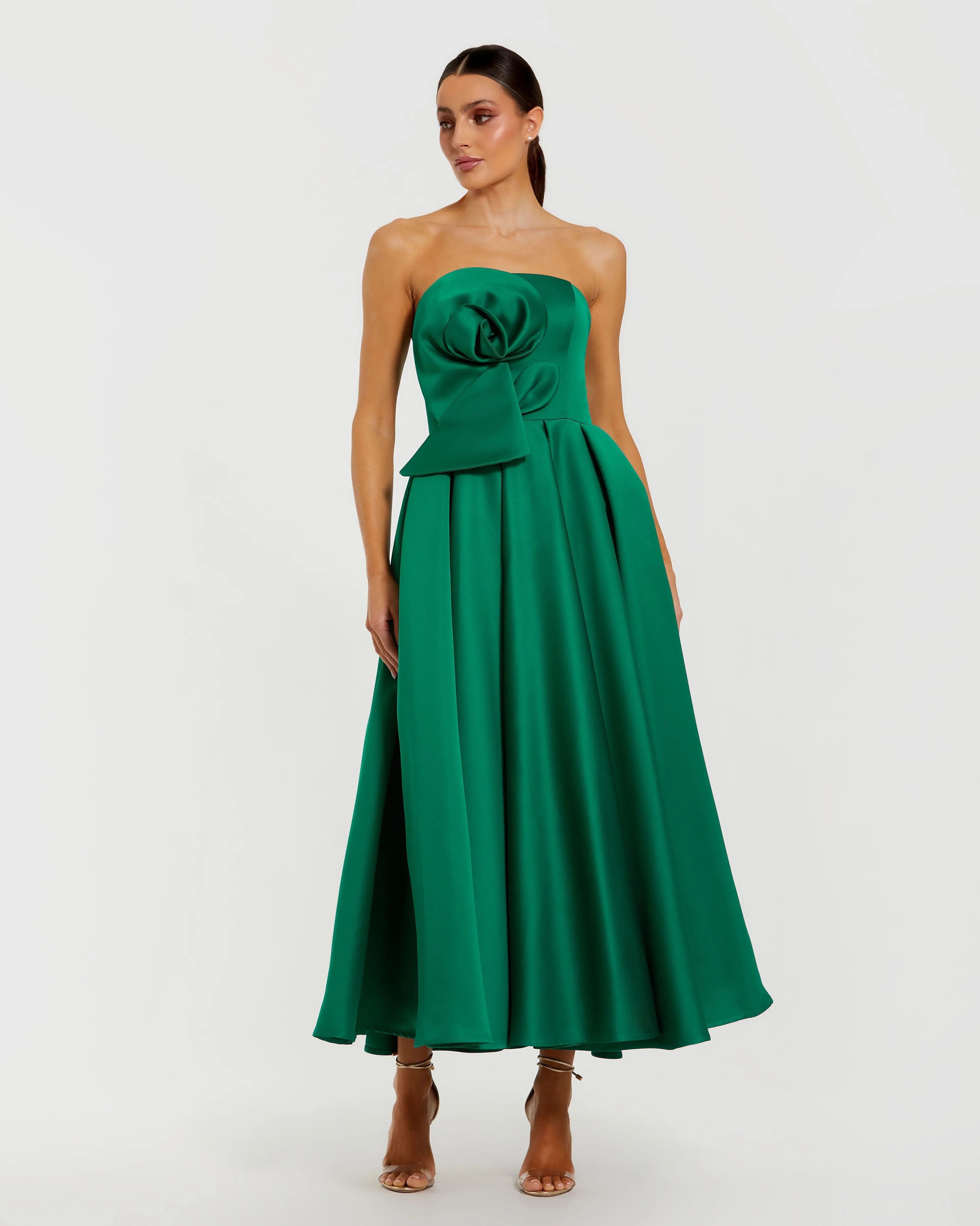 Green Strapless Satin A Line Midi Dress With 3D Flower-Myartka