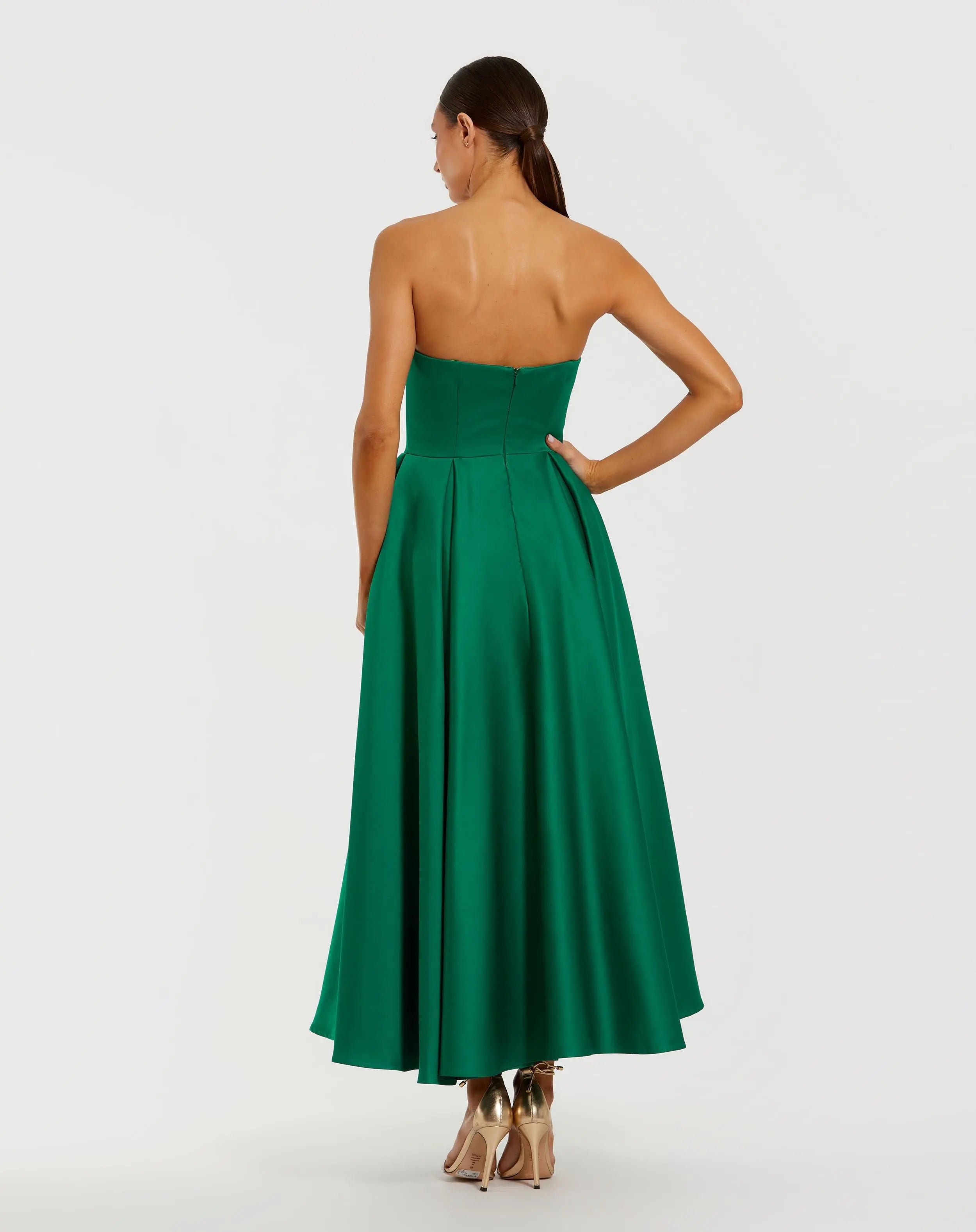 Green Strapless Satin A Line Midi Dress With 3D Flower-Myartka