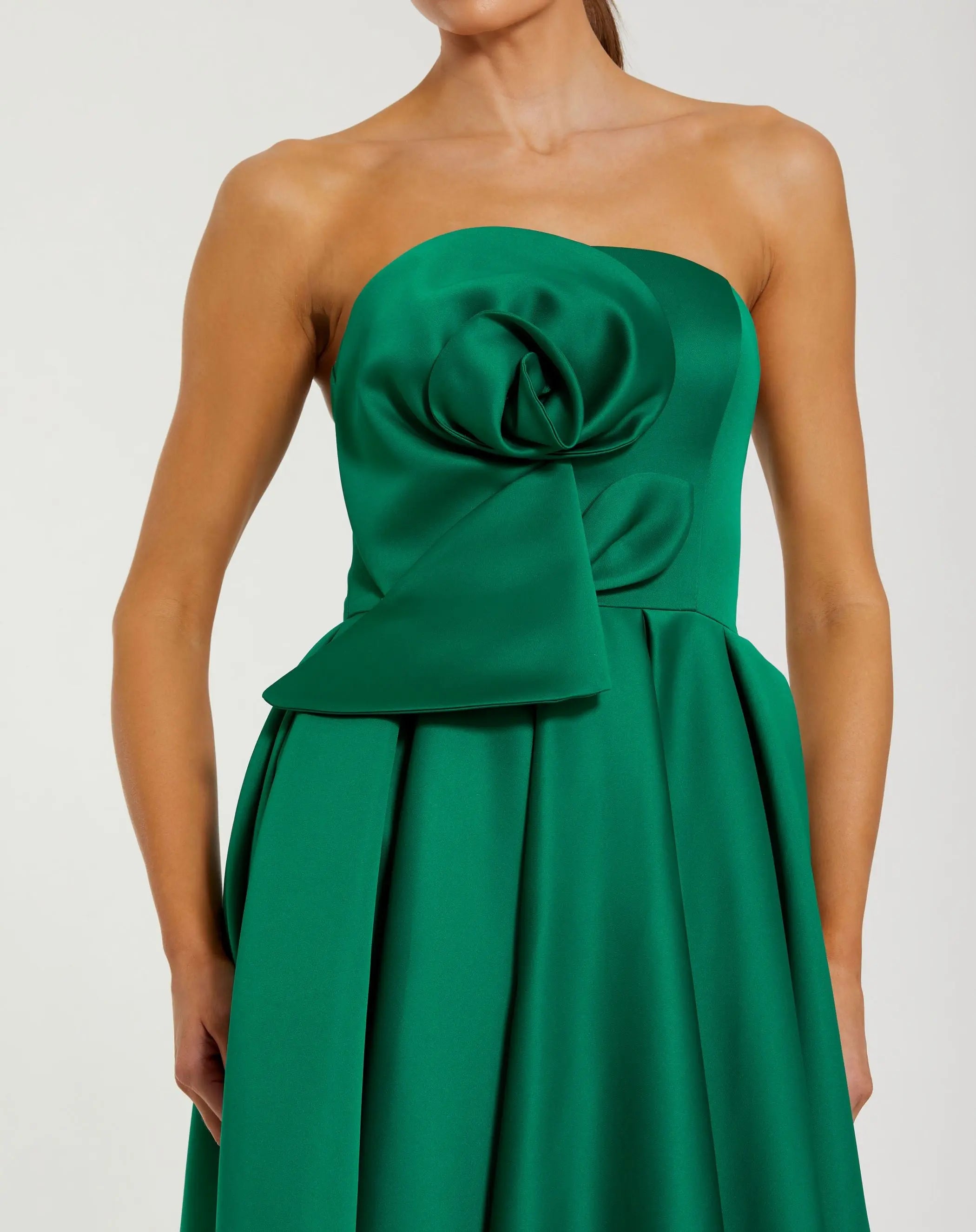 Green Strapless Satin A Line Midi Dress With 3D Flower-Myartka